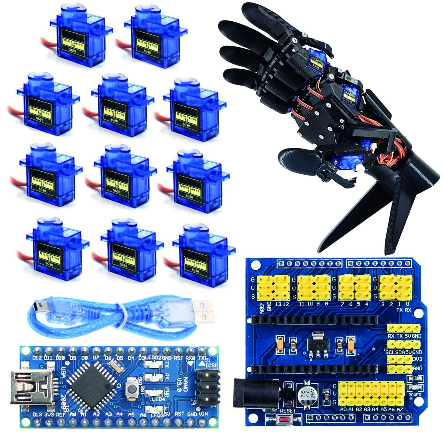 ArduinoRobotic Hand Project Kit 3D Printing, ArduinoRobotic Hand Kit, 3D Printing Model With Programmable Sample Project Codes, ArduinoNano Control Board, 11x SG90 Servo, Protoshield STEM DIY Kit