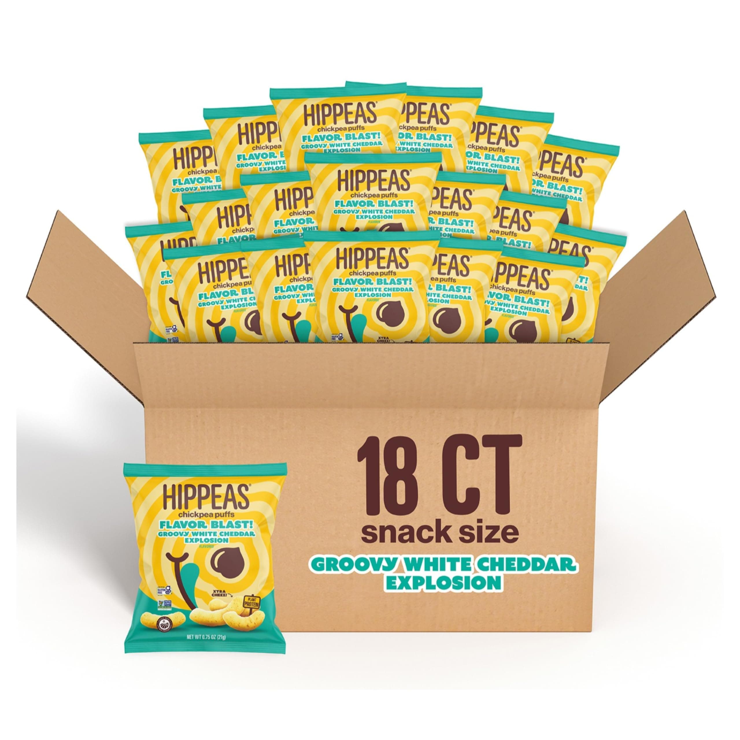 - Hippeas Chickpea Puffs, Flavor Blast: White Cheddar Explosion, 0.75 Ounce (Pack of 18), 3g Protein, 2g Fiber, Vegan, Gluten-Free, Crunchy, Plant Protein Snacks