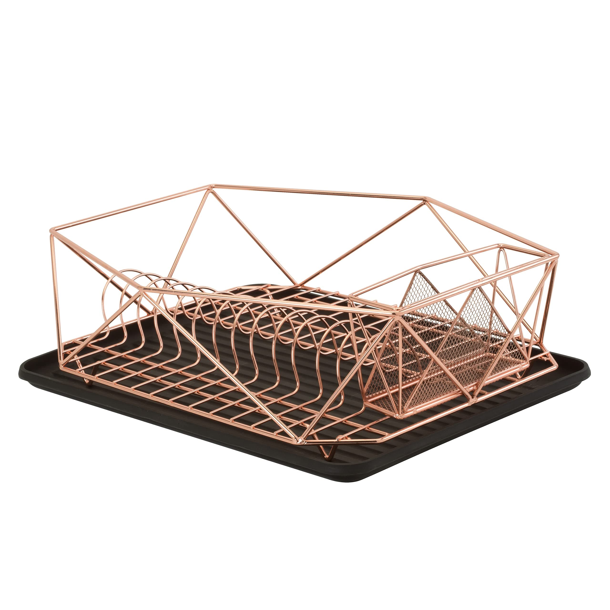 Kitchen Details Geode Deluxe Dish Drying Rack with Drain Board | Cutlery Basket | Utensil Holder | Iron Frame | Copper