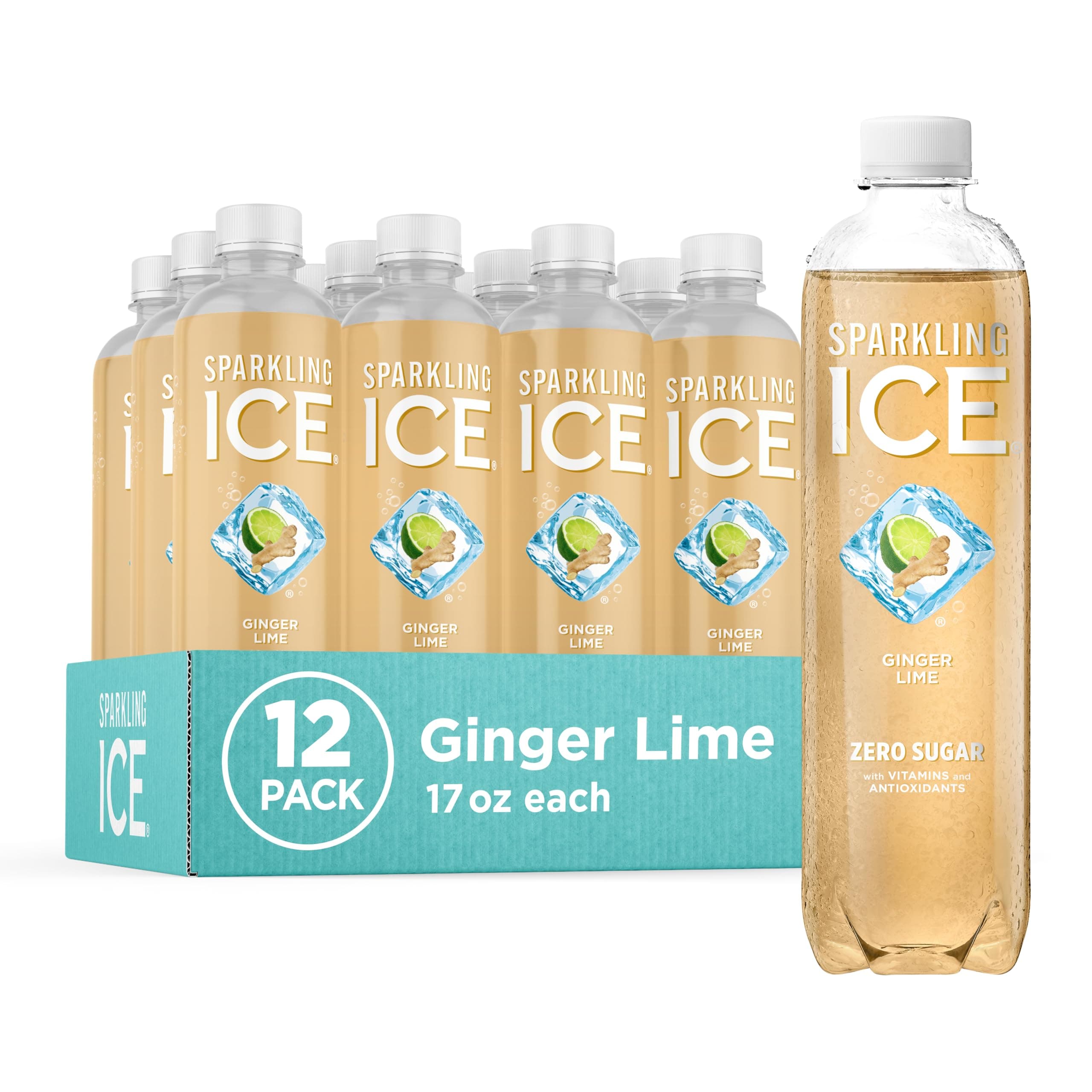 Sparkling Ice, Ginger Lime Sparkling Water, Zero Sugar Flavored Water, with V...