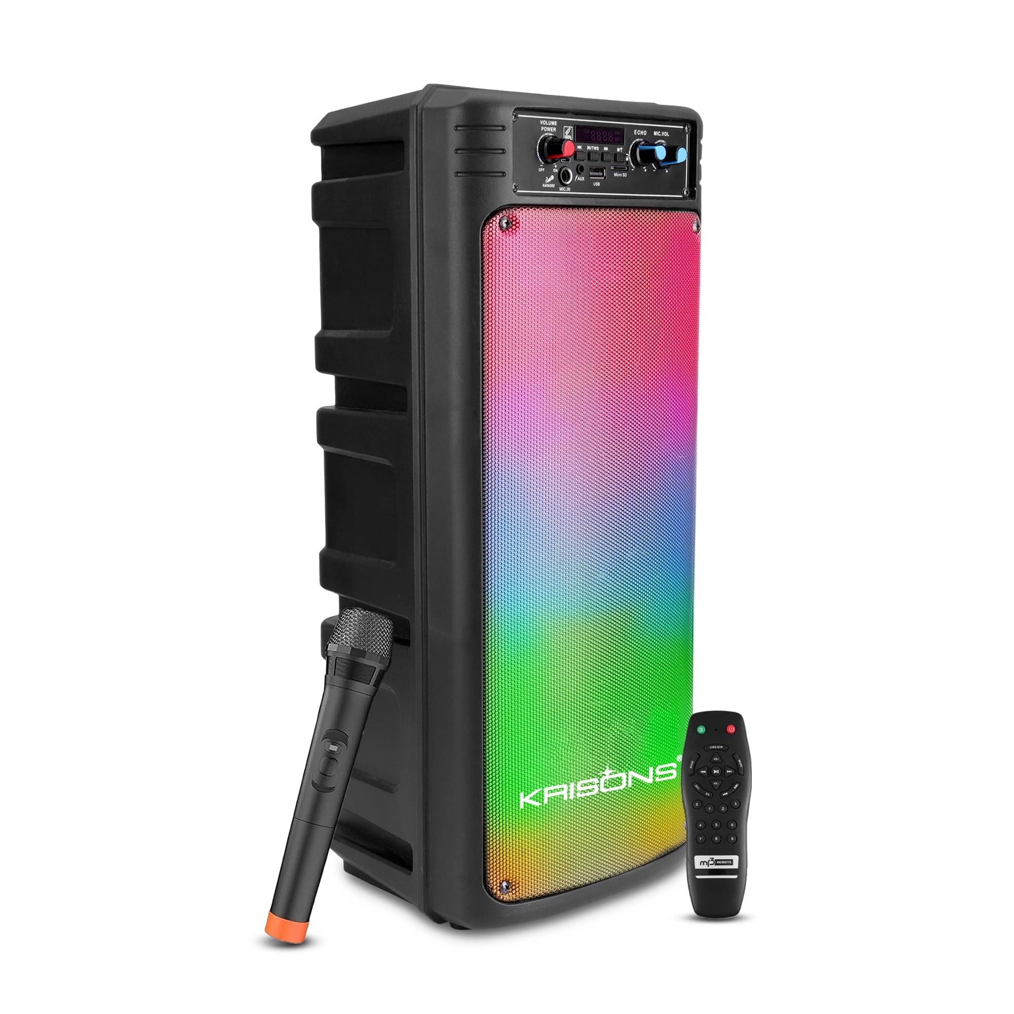 Krisons Disco Double Woofer 80 W Multi-Media Bluetooth Party Tower Speaker with Wireless Mic for Karaoke,in Built Digital Display,RGB Lights, USB, SD Card and FM Radio
