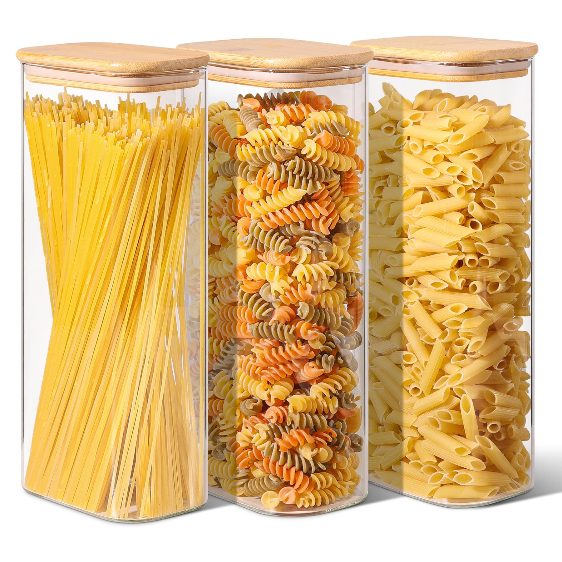 2.2 Qt Rectangle Glass Storage Containers with Lids, Glass Jars with Bamboo Lids, Clear Food Storage Jar, Tall Spaghetti Container, Pantry Storage Container for Pasta Flour Oats Nuts Rice