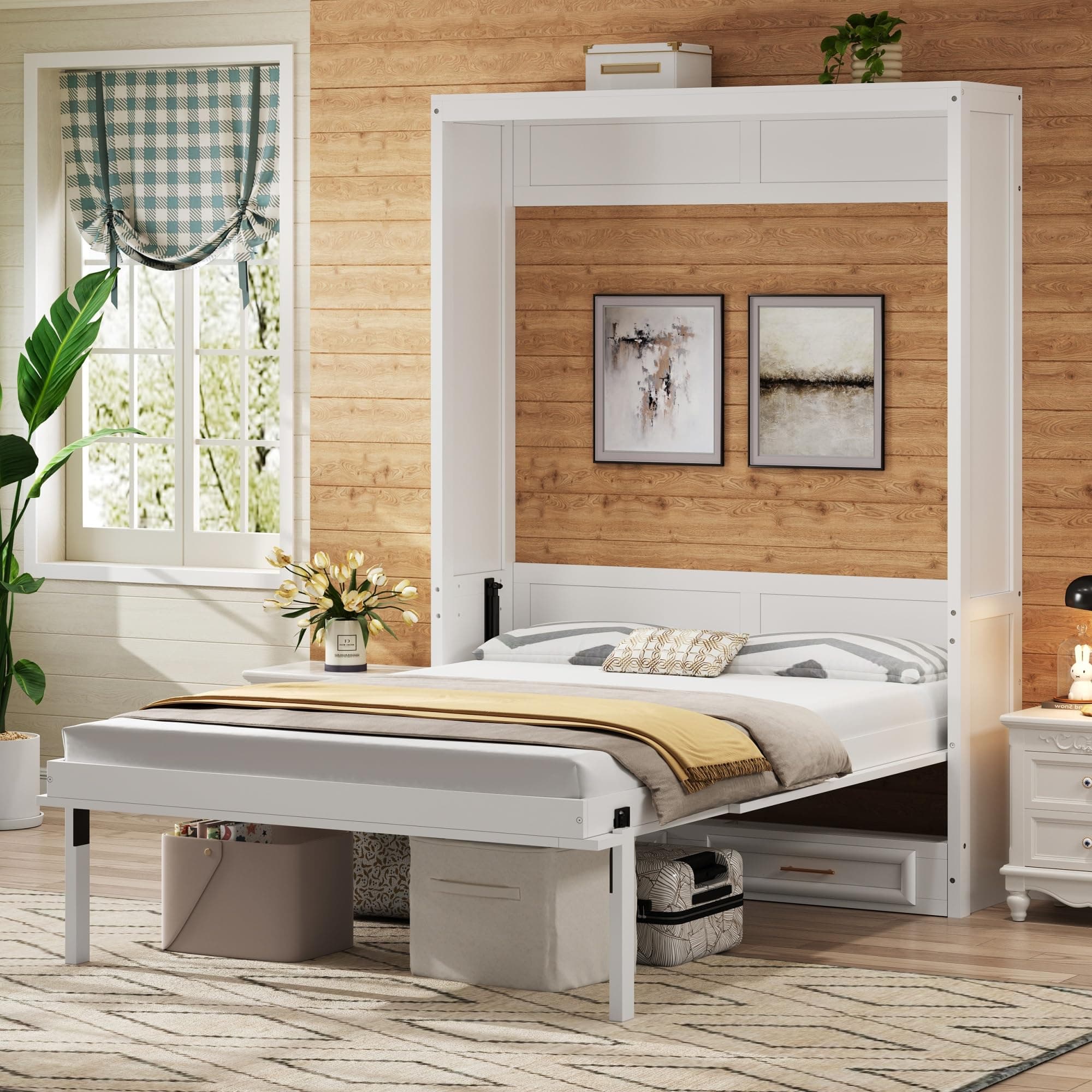 Modern Full Size Murphy Bed with 2 Drawers, Space Saving Wall Bed Foldable into Wardrobe, Solid Pine Wood Frame, No Box Spring Needed, Beige