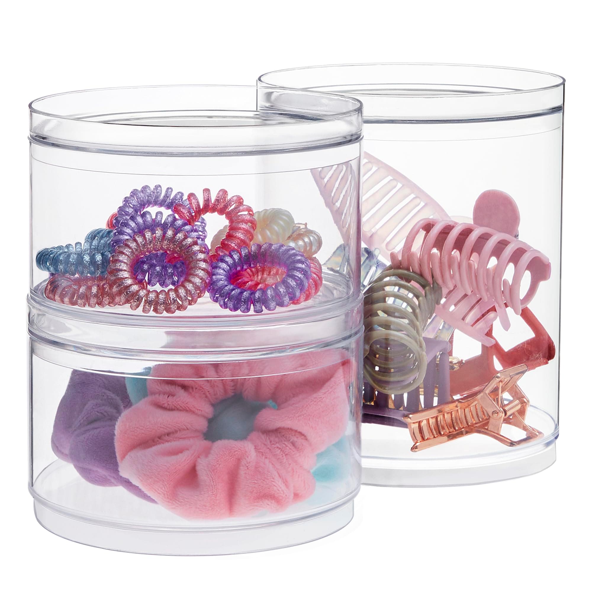 Bella Tall Scrunchie Holder | Stackable Clear Plastic Container (Set of 2) Round Vanity Storage Organizers with Lids for Hair Accessories & Beauty Supplies | Made in USA