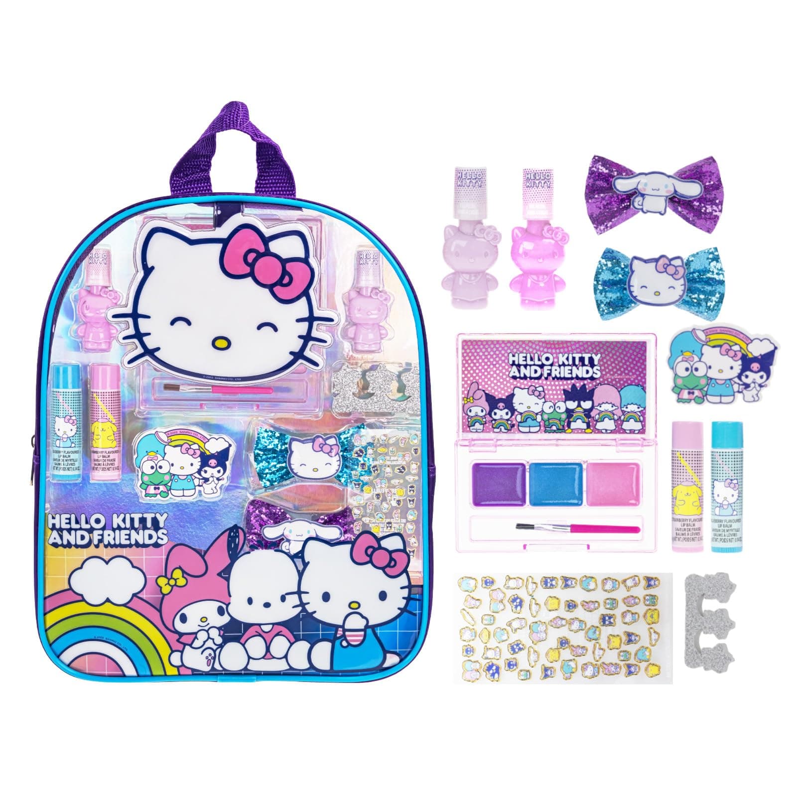 Hello Kitty and Friends Makeup Filled Backpack Set with 12 Pieces, Including Lip Gloss, Nail Polish, Nail Stones and Other Accessories, Ages 3+ for Parties, Sleepovers and Makeovers by Townley Girl
