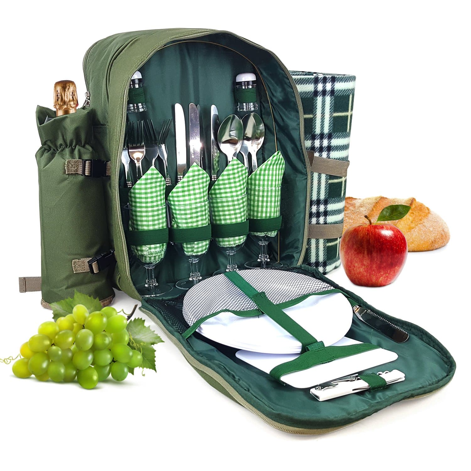 green1 Picnic Backpack for 4 Persons with Cooler Compartment, Detachable Bottle Holder, Flatware, Blanket and Other Essentials