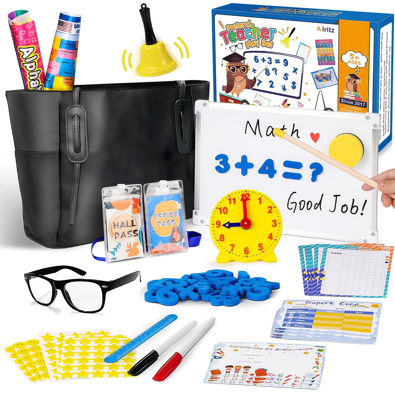 Pretend Play Teacher Set - Classroom Learning Education Includes Reusable White Board Bell Clock and More, Be Teacher Student, Gift for Boys Girls 5 6 7 8 9 10 11 12 +Years Old