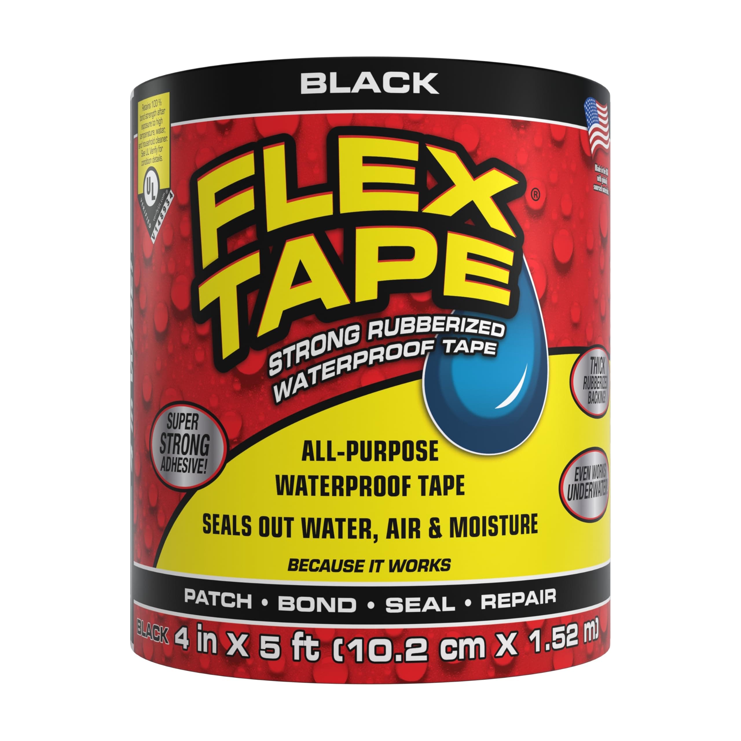 Flex Tape, Original Thick Flexible Rubberized Waterproof Tape - Seal and Patch Leaks, Works Underwater, Indoor Outdoor - Home RV Roof Plumbing and Pool Repairs, Black, 4 in x 5 ft, Pack of 1