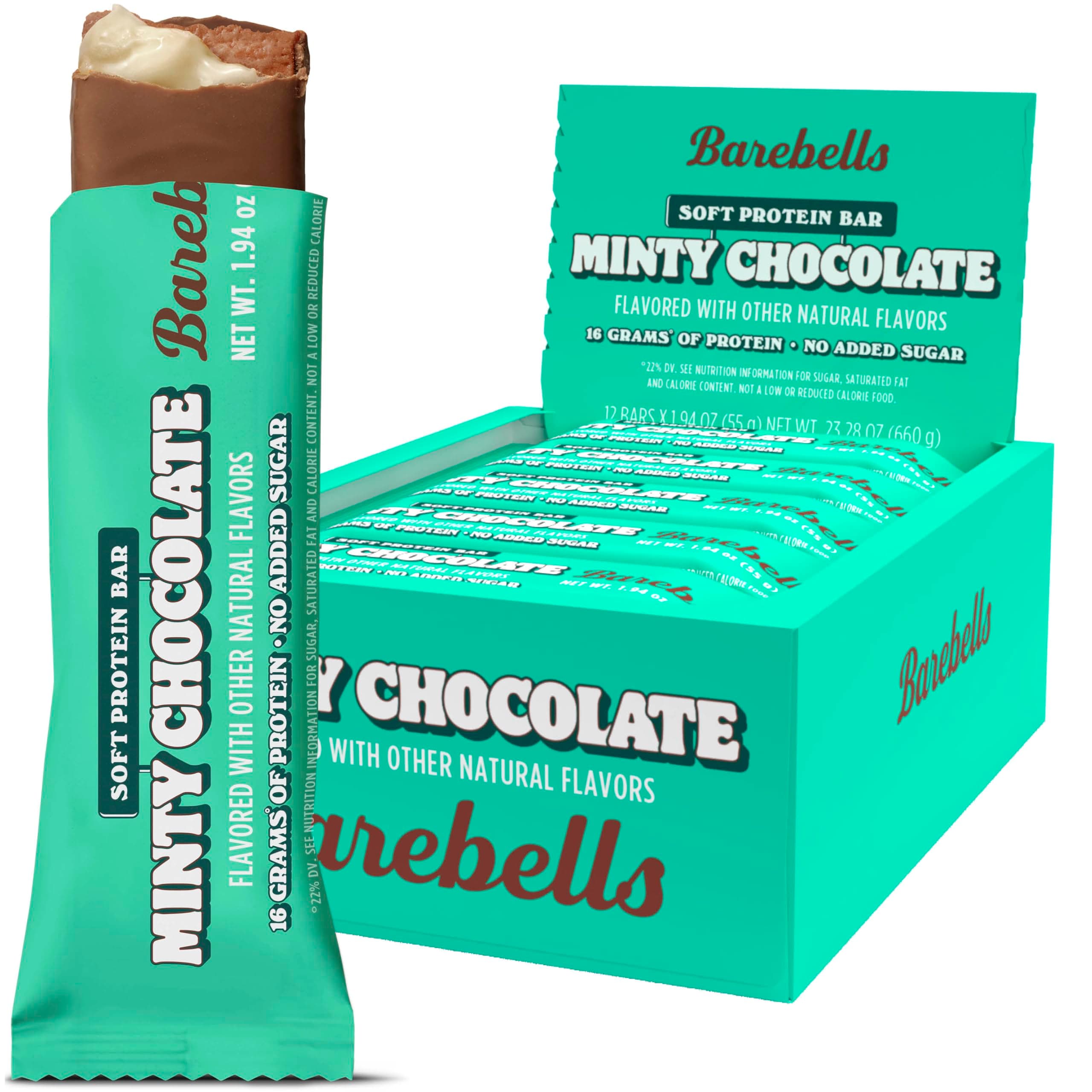 Barebells Soft Protein Bars Minty Chocolate - 12 Count, 1.94oz Bars - Protein Snacks with 16g of High Protein - Chocolate Protein Bar with 2g of Total Sugars - Soft Protein Snack & Breakfast Bars
