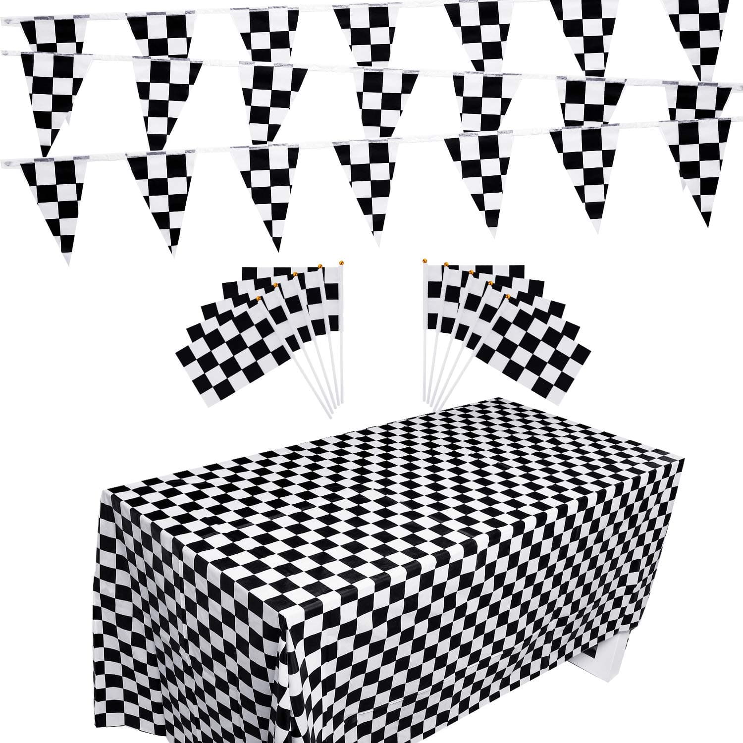 Boao 13 Pcs Checkered Party Decorations 10 Packs Checkered Black and White Racing Flags 32 ft Race Flag Banner, 2 Packs Table Covers for Car Themed Birthday Party Decorations Supplies