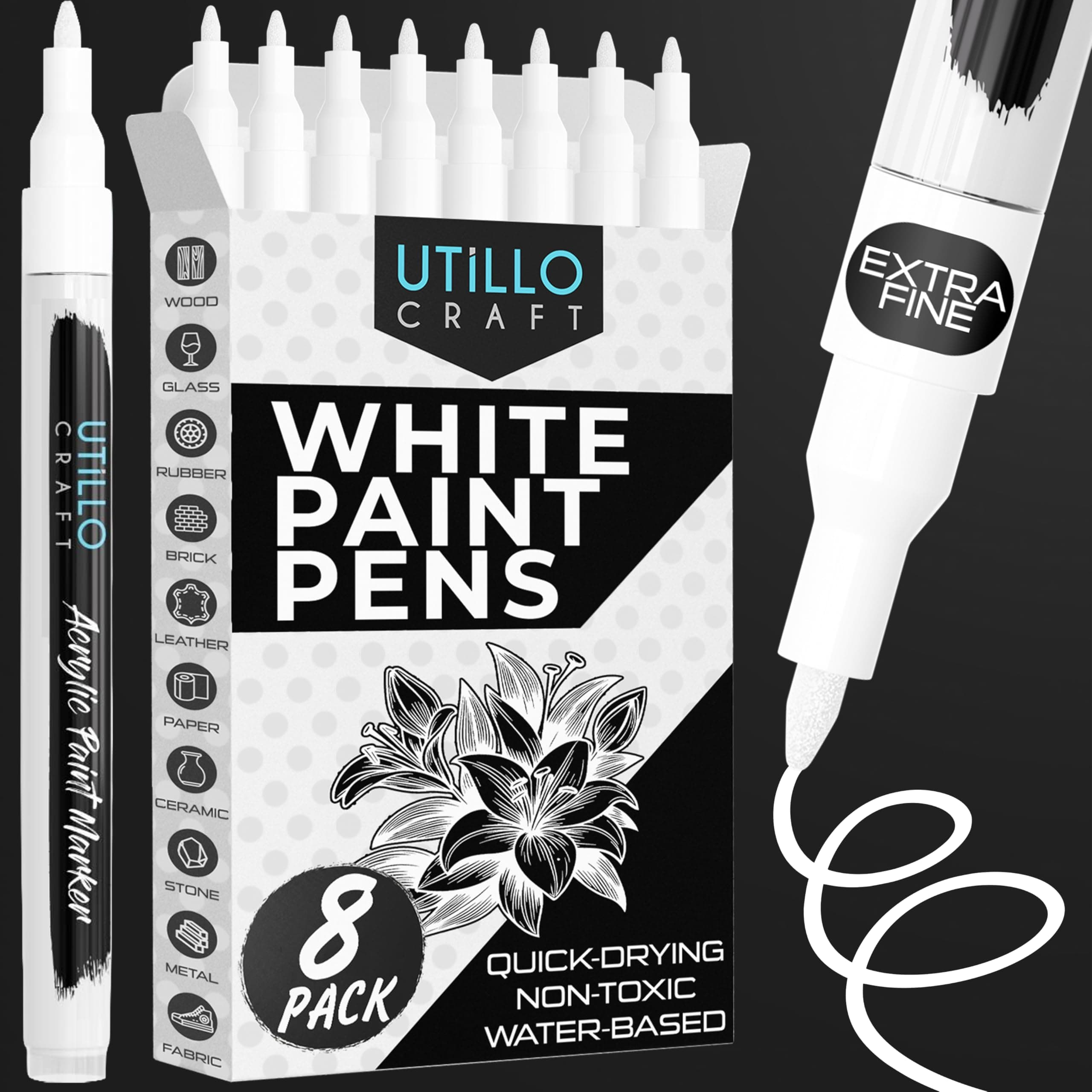 - Utillo Craft White Paint Pen (8-Pack) Extra Fine 0.7mm | White Paint Markers for Metal, Fabric, Wood, Glass, Paper, Plastic, Rock, Leather | Bold Color Permanent White Acrylic Paint Pen | Artist DIY