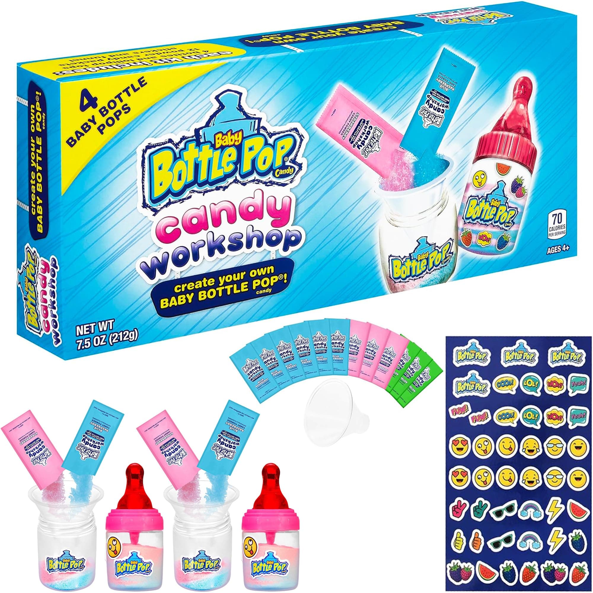Baby Bottle Pop Candy Making Kit Workshop, Candy for Kids - 4 Lollipops w/Powdered Dip in Assorted Fruity Flavors - DIY Party Favors, Lollipop Making Kit