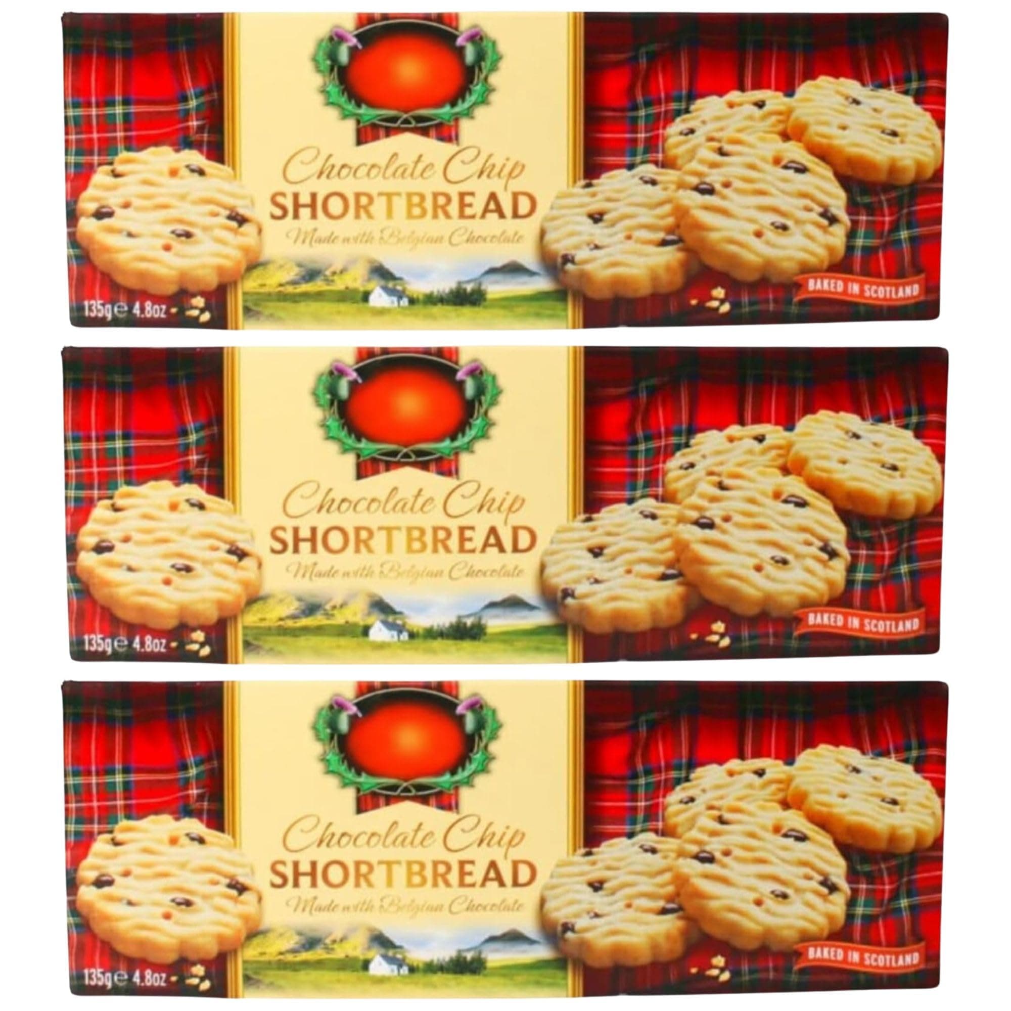 Scottish Shortbread Bundle With Highland Speciality Chocolate Chip Shortbread Belgian Chocolate 135g (3 Pack)