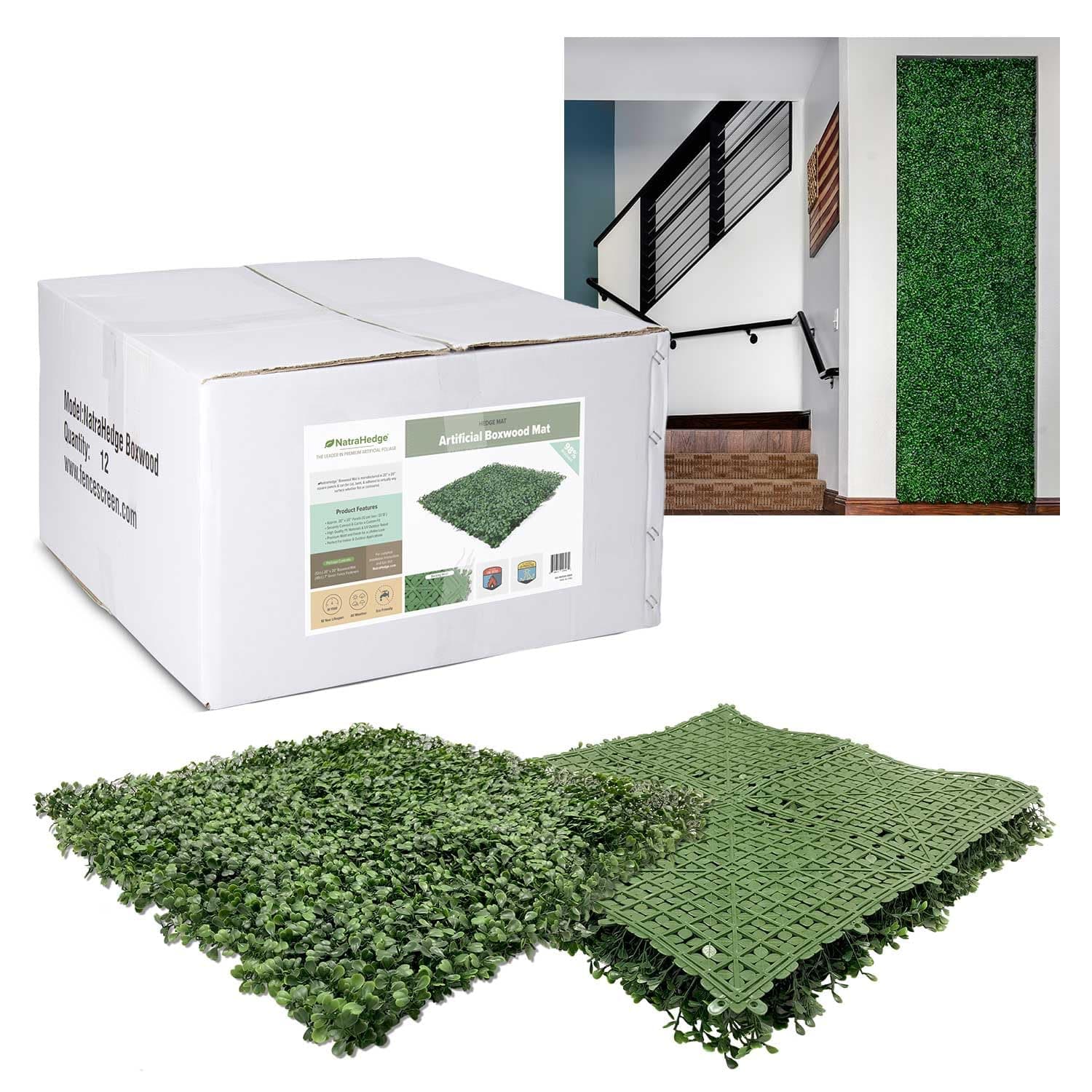 - NatraHedge 20"X20'' (12 Pack) Artificial Green Grass Wall Decor, (33SqFt) Hedge Leaf Boxwood Roll Panels for Indoor, Outdoor, Garden And Balcony Privacy Fence Screen