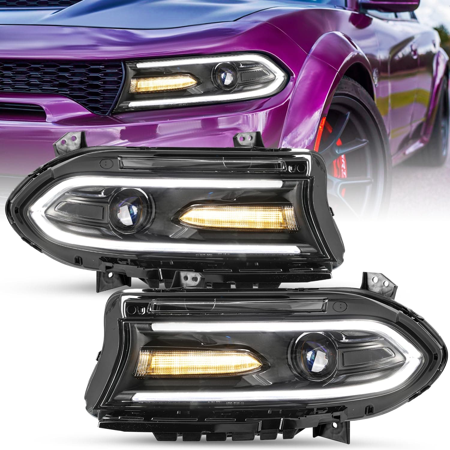 SOCKIR Headlight Assembly Replacement for 15-22 Dodge Charger [Halogen Type] Projector Headlamp 1 Pair (LH+RH)