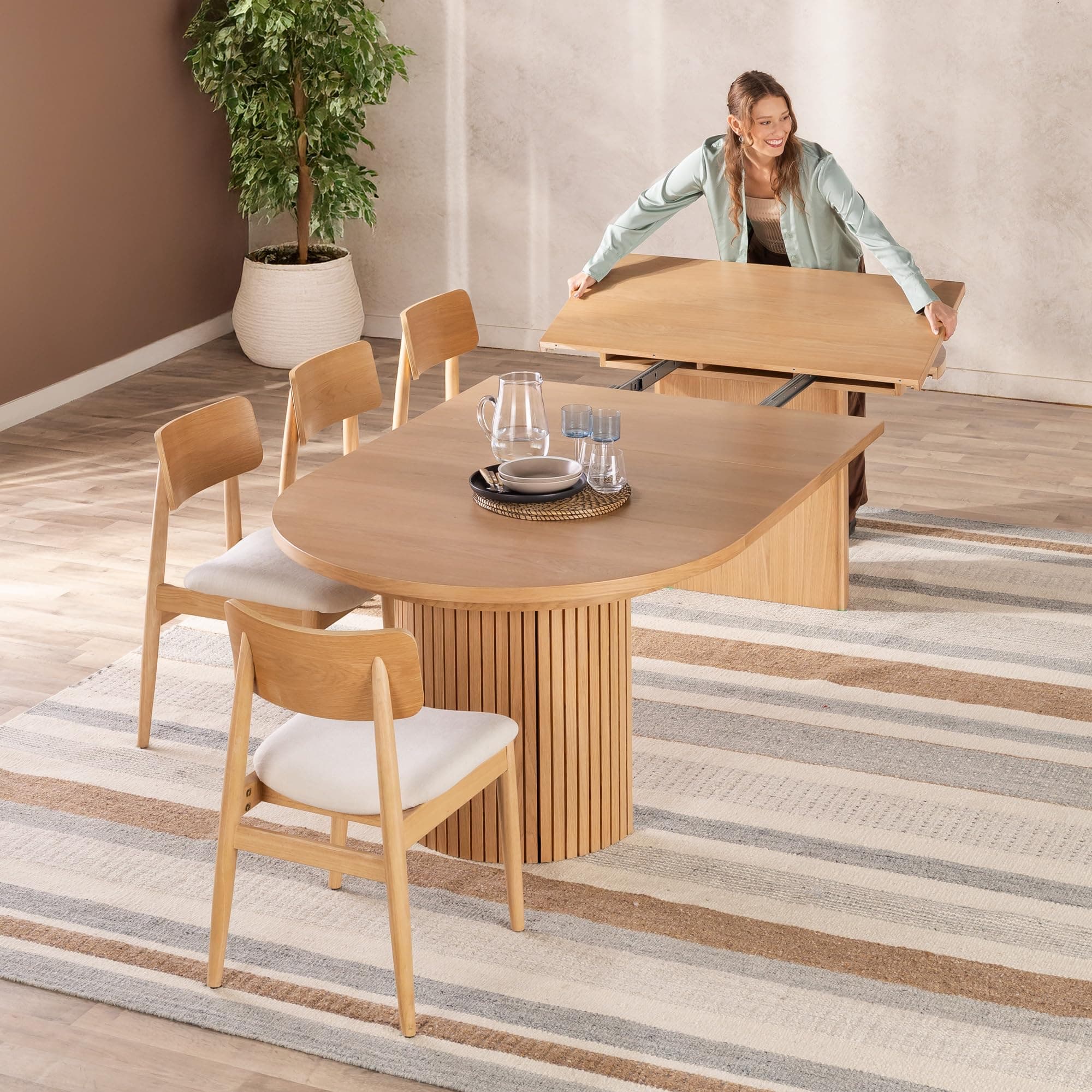 Transformer Table - Solid Wood Extendable Round Dining Table Set with 4 Chairs, Seats 4-10, Extendable Round Dining Set, Natural (Table + 4 Chairs)