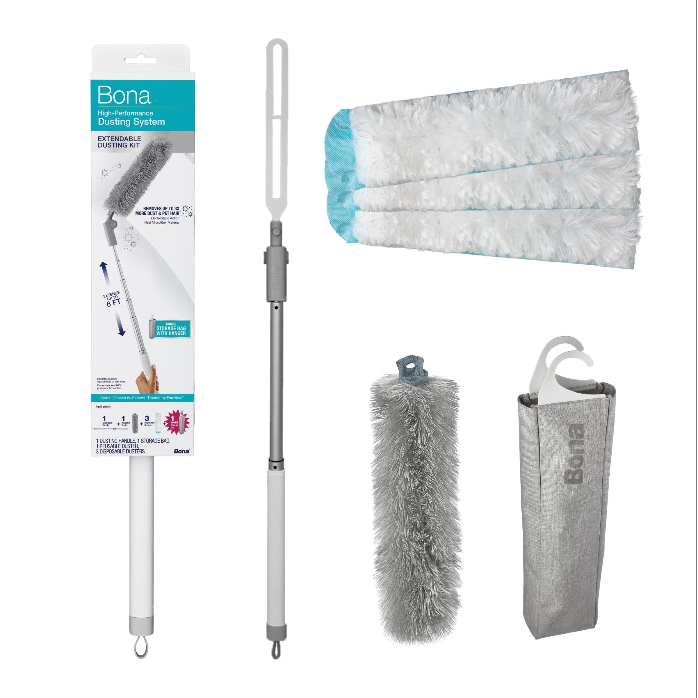High Performance Dusting System - 1 Extendable Handle, 3 Disposable Dusters, 1 Reusable Duster, & 1 Storage Bag - Extendable Dusting Kit