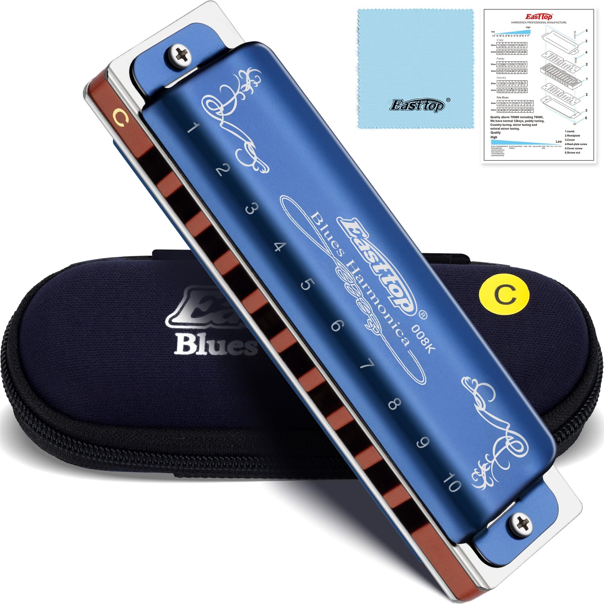 East top 10 Hole 20 Tone Diatonic Harmonica Key of C with Blue Case,Standard Harmonicas For Professional Player, Beginner, Students,Adults,Children, Kids,as Best Gift
