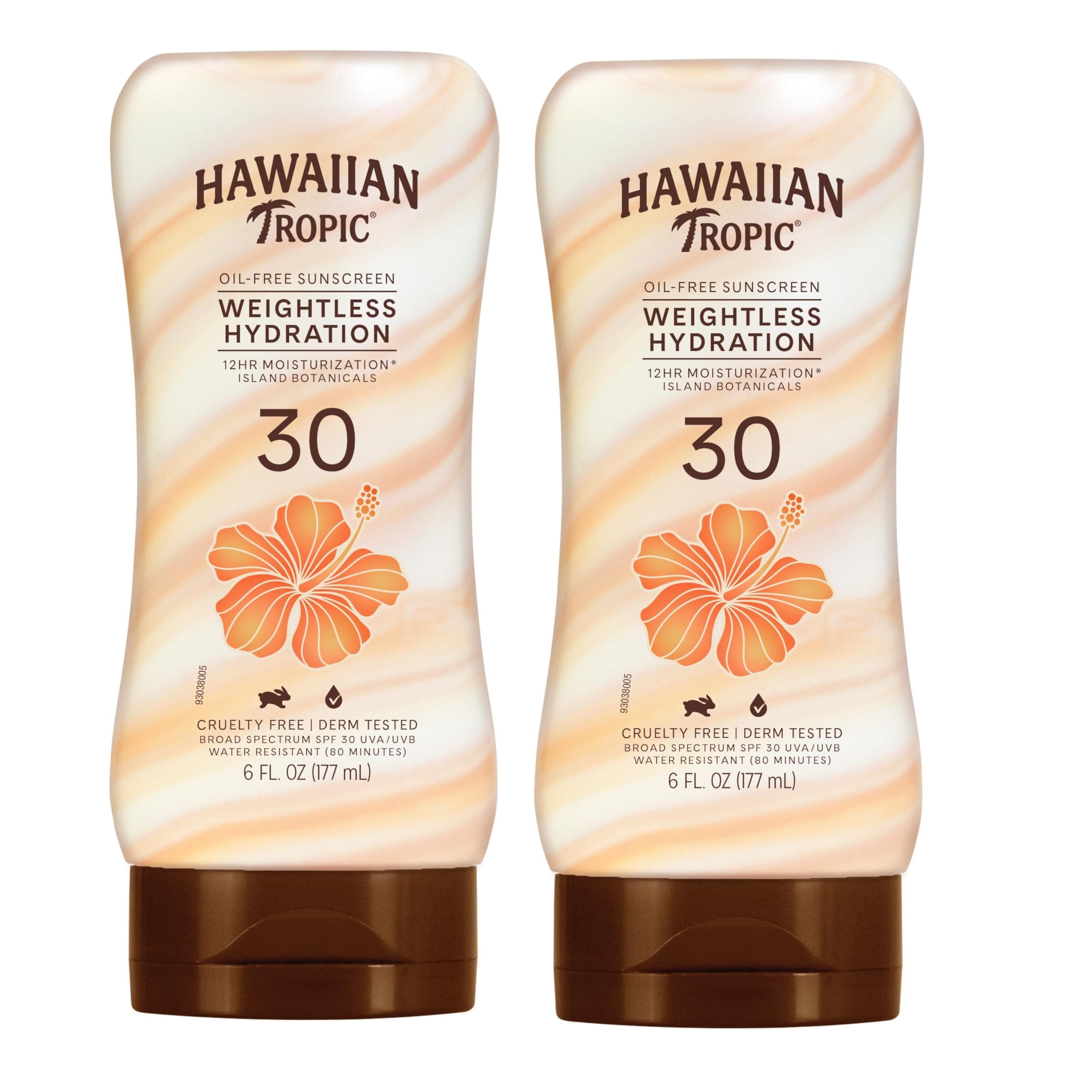 Weightless Hydration Lotion Sunscreen SPF 30, 6Fl Oz Twin Pack, Oil Free Sunscreen, Hawaiian Tropic Sunscreen SPF 30, Oxybenzone Free Sunscreen, Body Sunscreen Pack, 6Fl Oz each