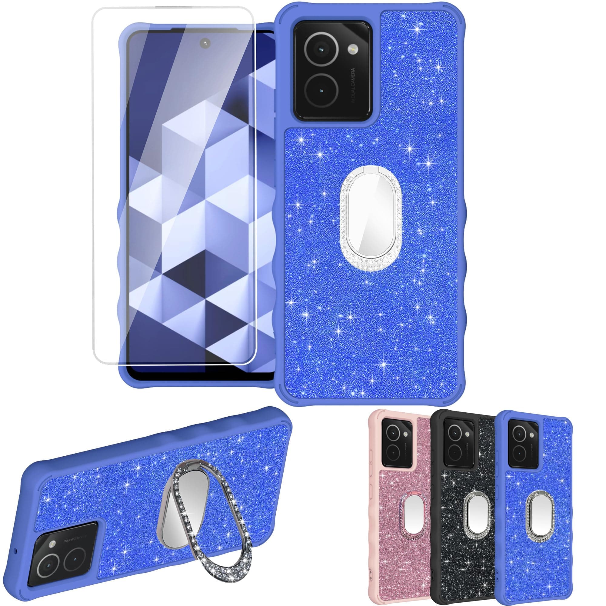 HMD VIBE Case [With Tempered Glass Screen Protector] [Mirroring] [Glitter Powder] Leather Phone Case Cover for Nokia HMD VIBE N159V TA-1590 SF-L CSK-Blue