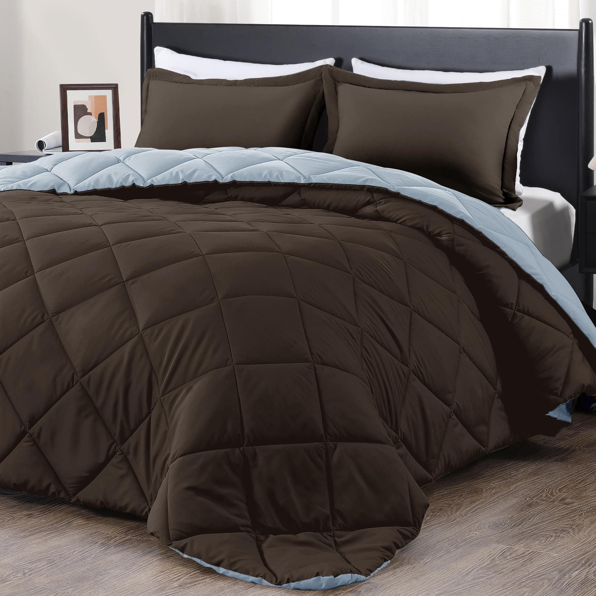 downluxe King Size Comforter Set - Brown and Blue King Comforter, Soft Bedding Sets for All Seasons -3 Pieces - 1 Comforter (104"x92") and 2 Pillow Shams(20"x36")