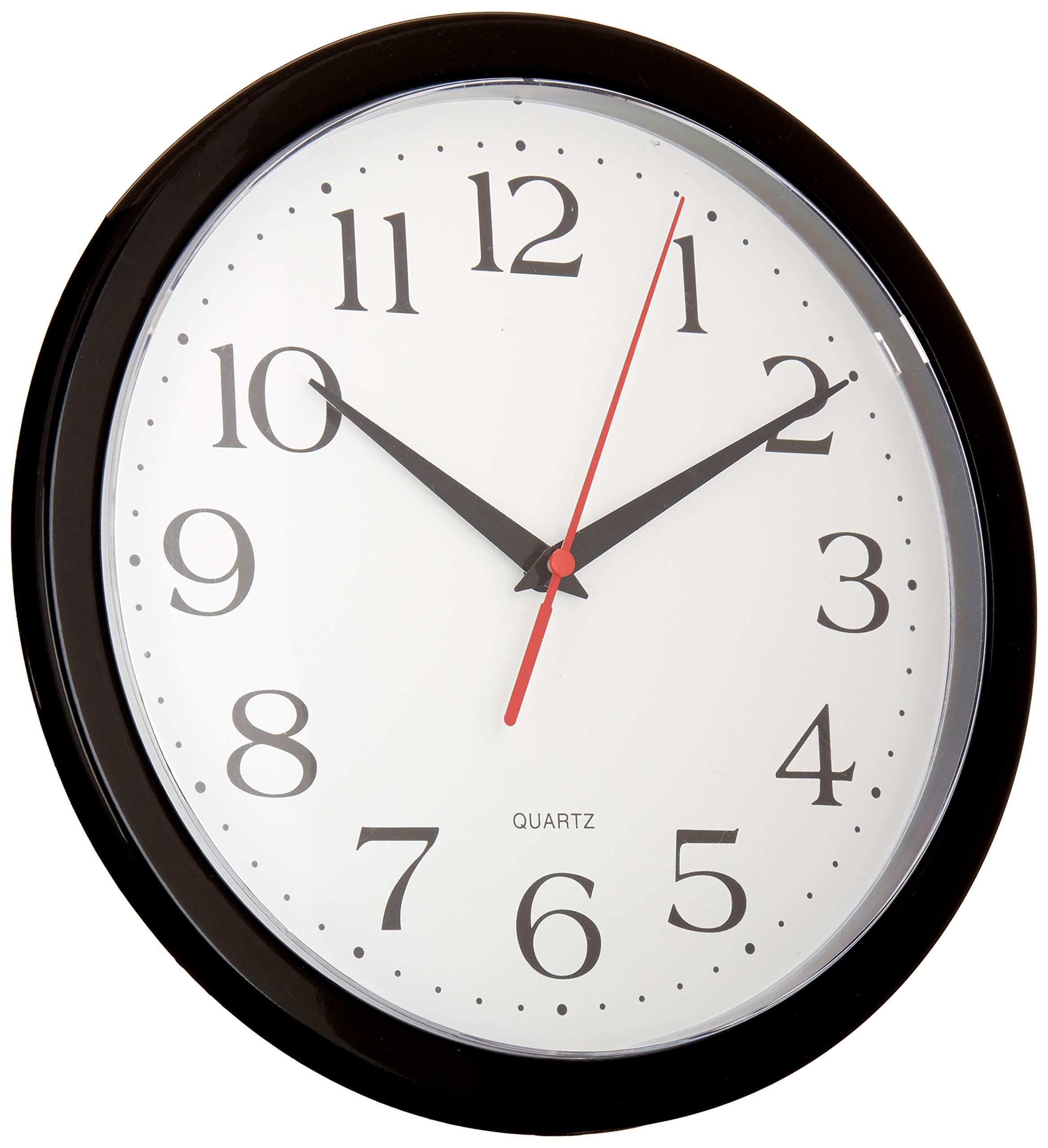 Silent Decorative 10" Wall Clock - Quartz Sweep - Easy to Read - Round Black Frame - Battery Operated - White Face - 10 Inch