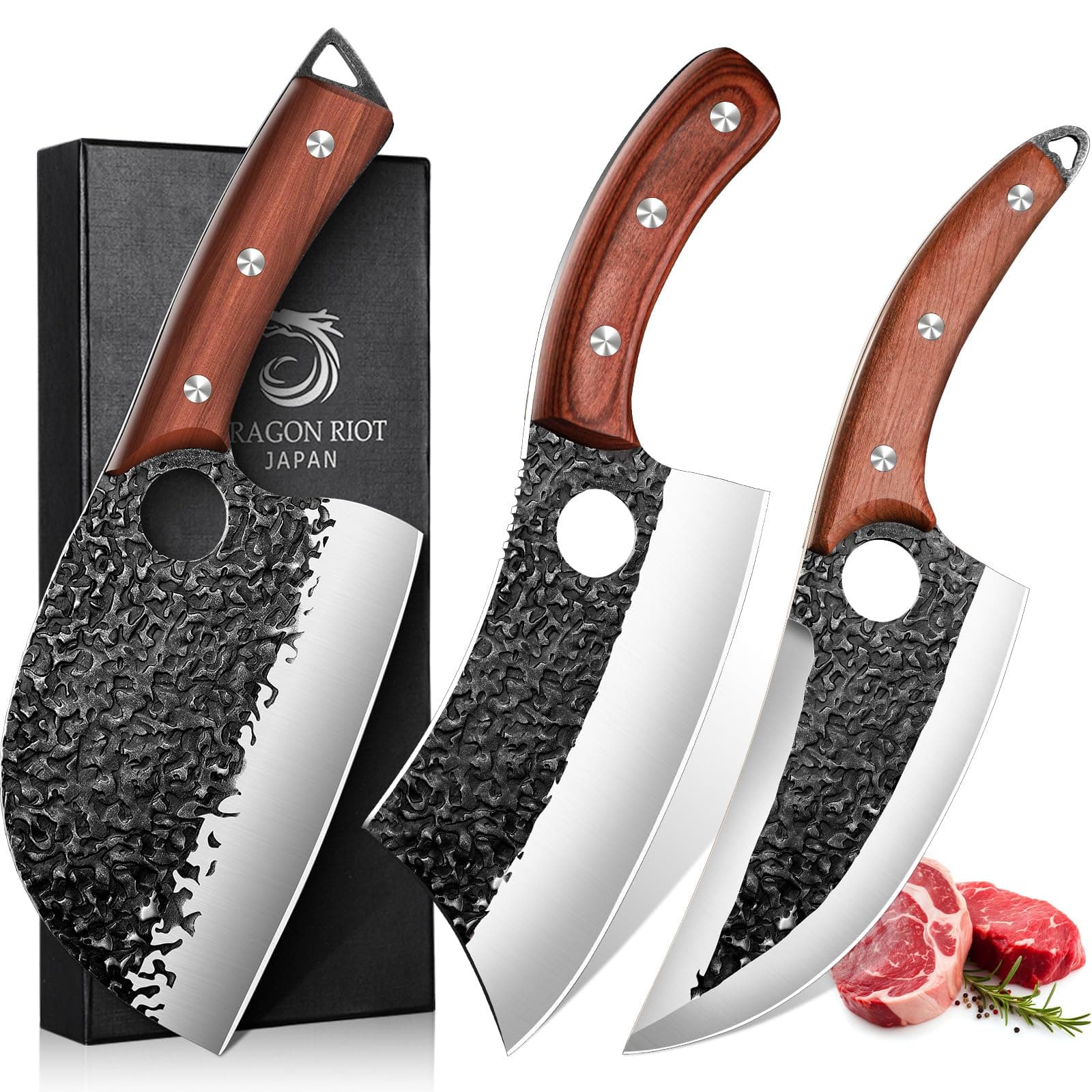 DRAGON RIOT Professional Butcher Knife Set for Meat Processing, 3Pcs High Carbon Steel Hand Forged Serbian Cleaver Chef Knife Set with Ergonomic Handles for Kitchen Outdoor Cooking