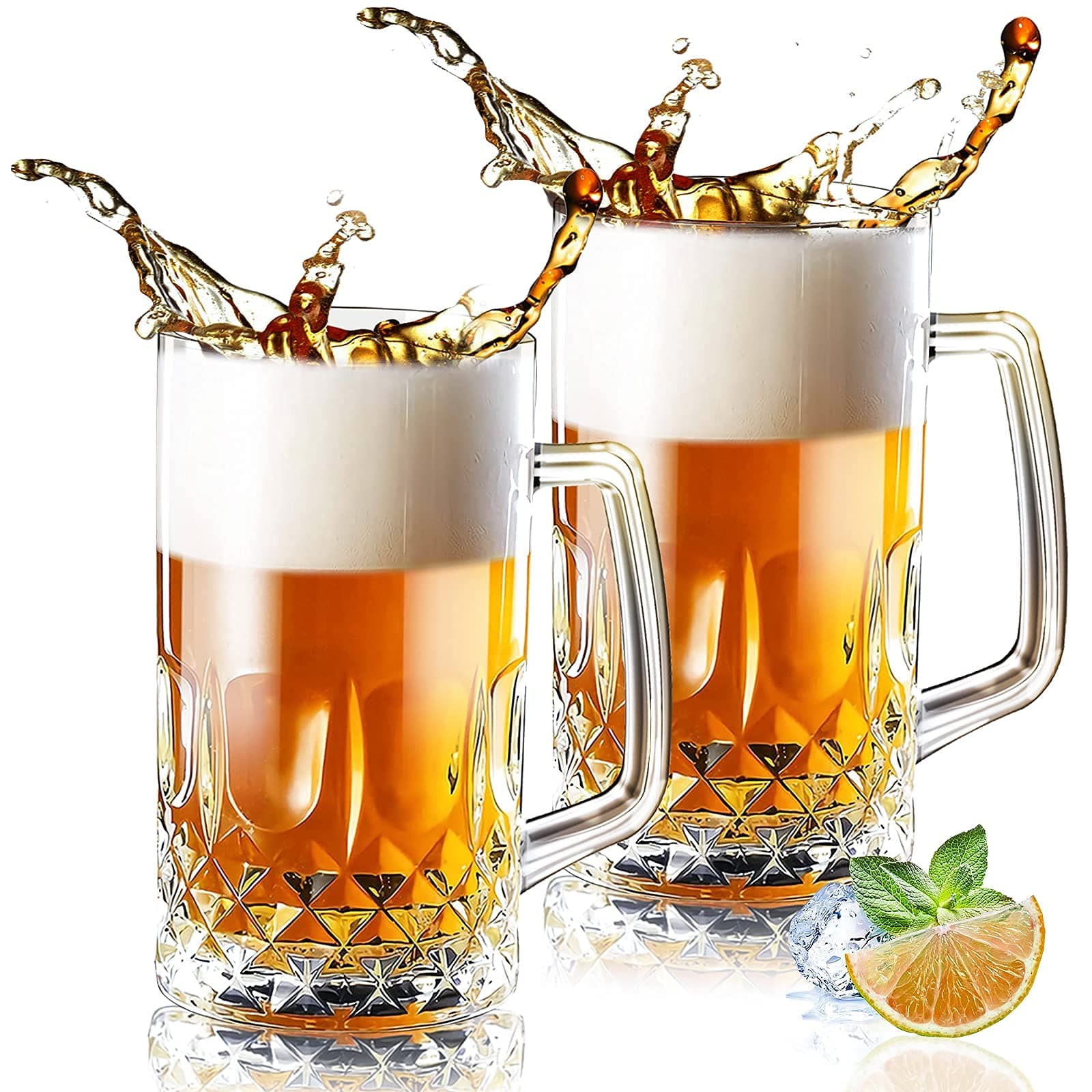 - 32 Ounces Beer Stein Mugs - 2 Pack Extra Large German Style Clear Tall Beer Glasses for Men - Heavy Duty Thick Glass With Handle