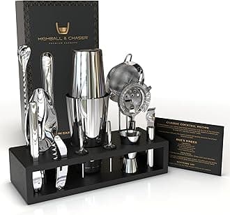Highball & Chaser Bartender Kit Espresso Bamboo Stand Cocktail Shaker Set with Bar Tools Stainless Steel Boston Shaker Bartender Kit with Stand (Silver)