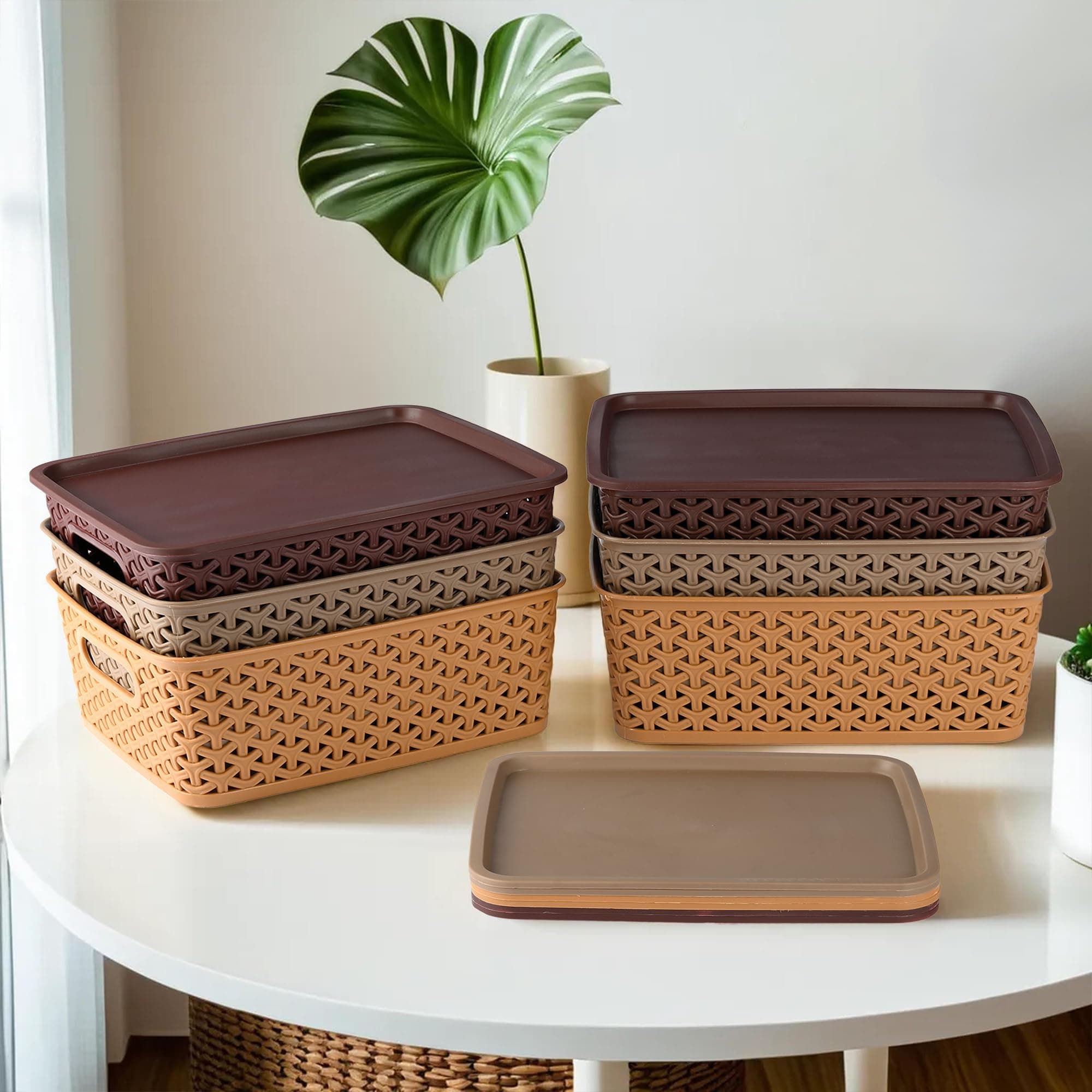 Kuber Industries (Pack of 6) Multipurpose Plastic Boxes For Storage - Storage Organizer For Kitchen | Fruits | Wardrobe | Clothes | Socks | Bathroom | Washroom - Basket With Lid (Large) (Multicolour)