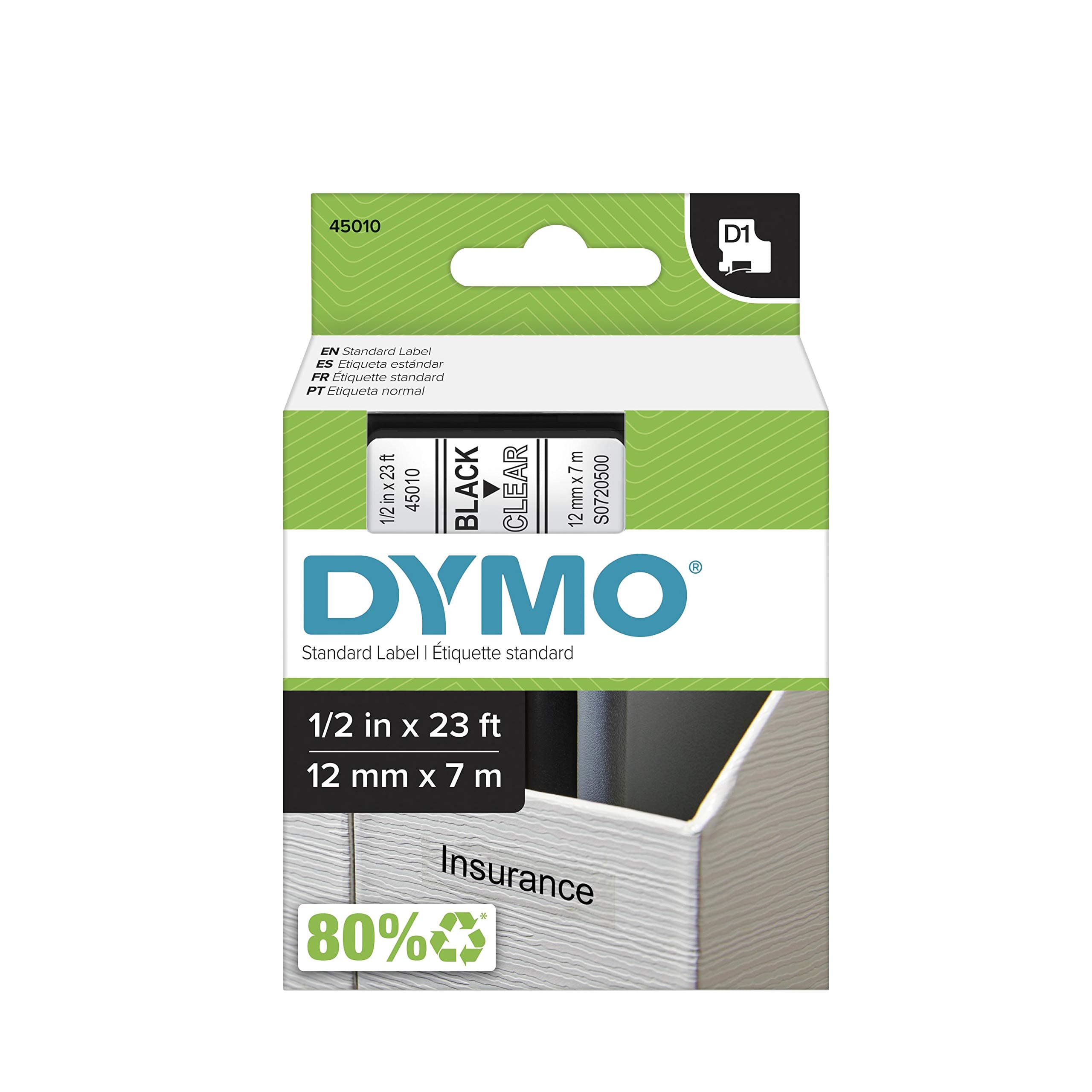 DYMO High-Performance Permanent Self-Adhesive D1 Polyester Tape for Label Makers, 1/2-inch, Black Print on Clear, 23-foot Cartridge (45010) by N/A [並行輸入品]