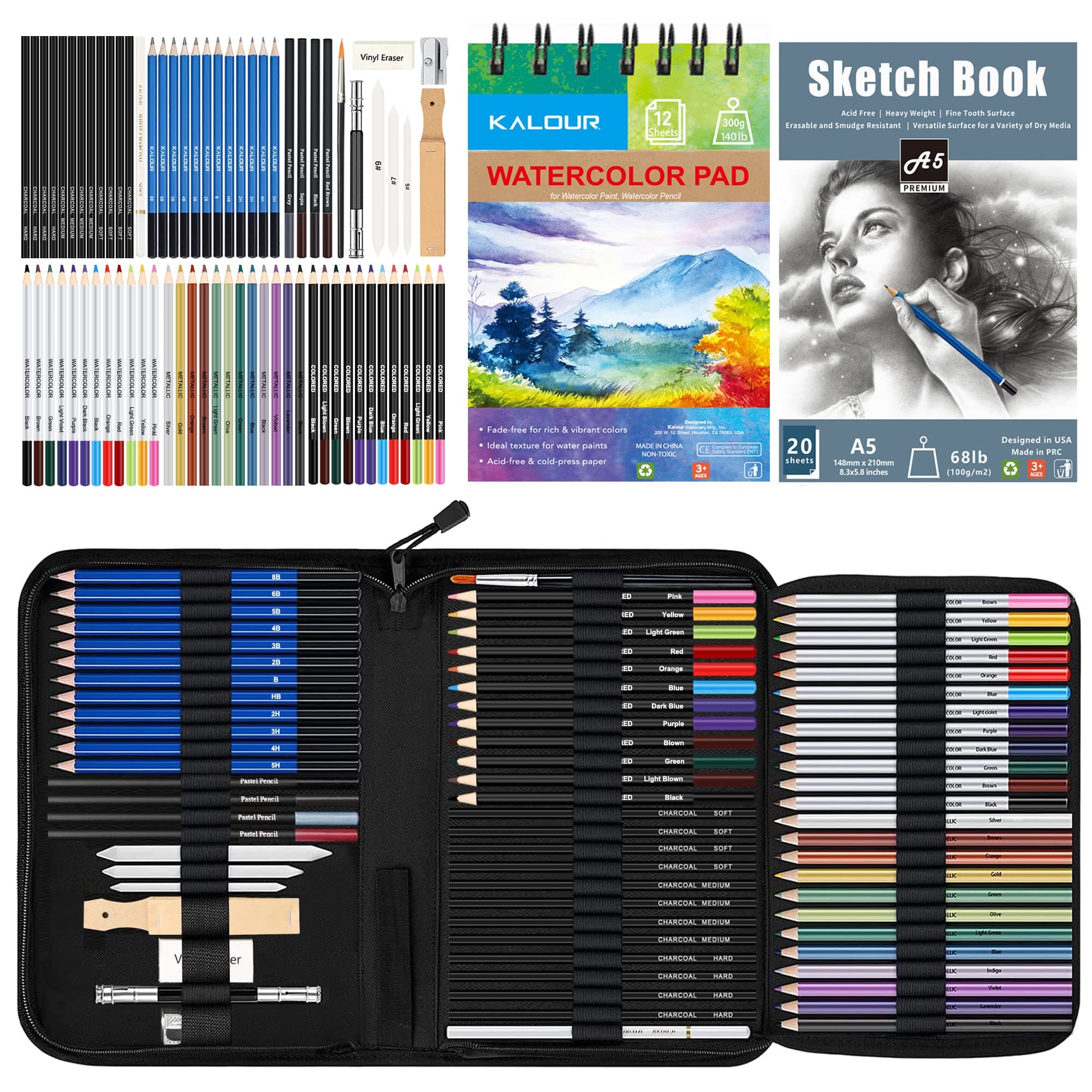 KALOUR 76pc Art Supply Set - Sketching & Drawing Kit with Tutorial Book, Sketchbook & Paper - Pencils, Pastels, Watercolors for Beginner Artists