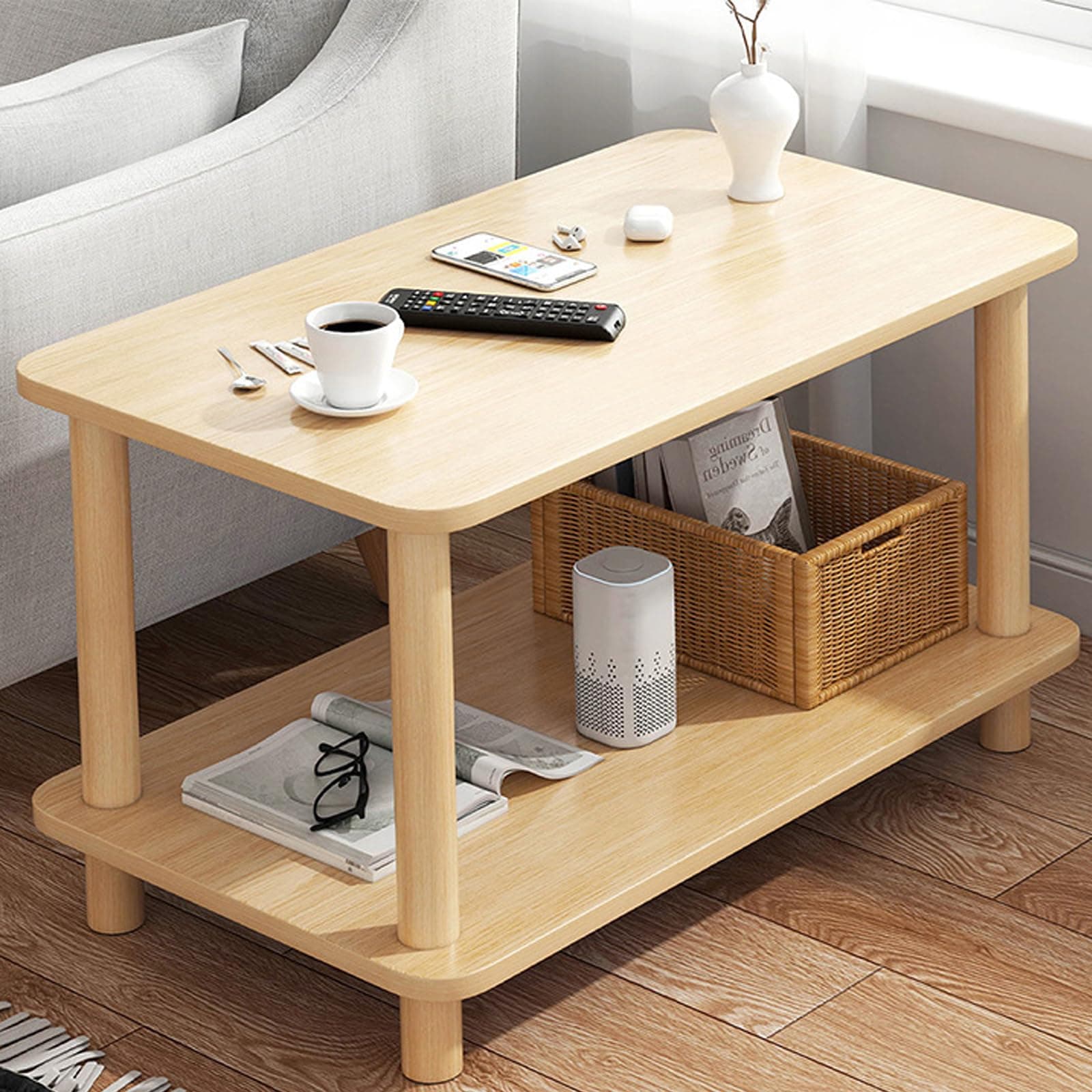 OYDAS Coffee table, Tea Table,End Table 60x30x53cm,Wood Sofa Table,Modern Minimalist Bedside Table with Storage Shelf,Rounded Corners,Coffee Table for Small Space,Bedroom, Living Room,Balcony (is19)