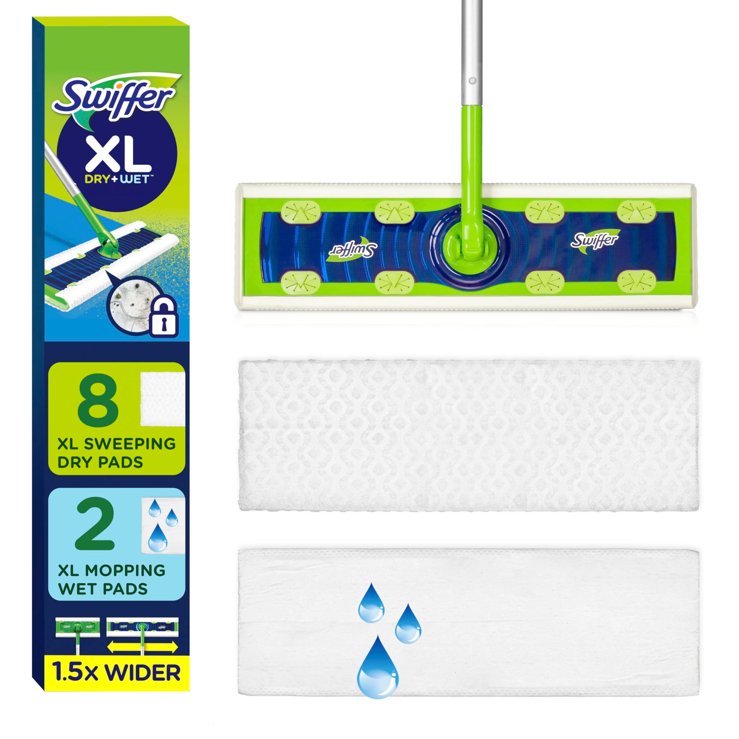 Swiffer Sweeper 2-in-1 Dry + Wet XL Multi Surface Floor Cleaner, Sweeping and Mopping Starter Kit, Includes 1 Mop, 8 Dry Cloths, 2 Wet Cloths