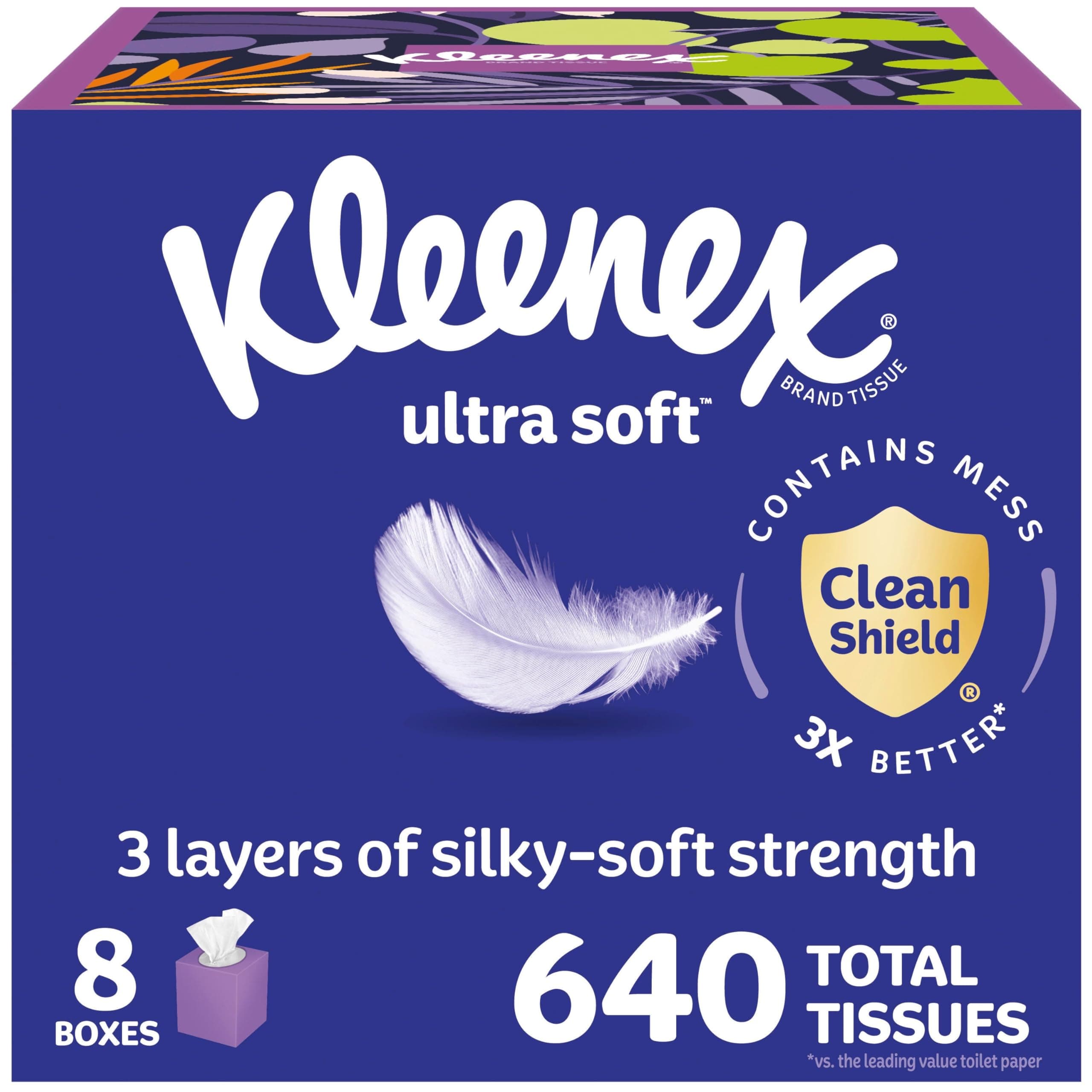 Ultra Soft Facial Tissues, 8 Cube Boxes, 80 Tissues per Box, 3-Ply, Packaging May Vary