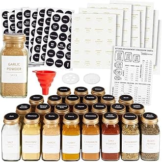 Spice Jars - 24-Pack 6 oz Glass Jars with Gold Shaker Lids - 328 Preprinted Labels & Silicone Funnel - Seasoning Organizer for Kitchen Storage