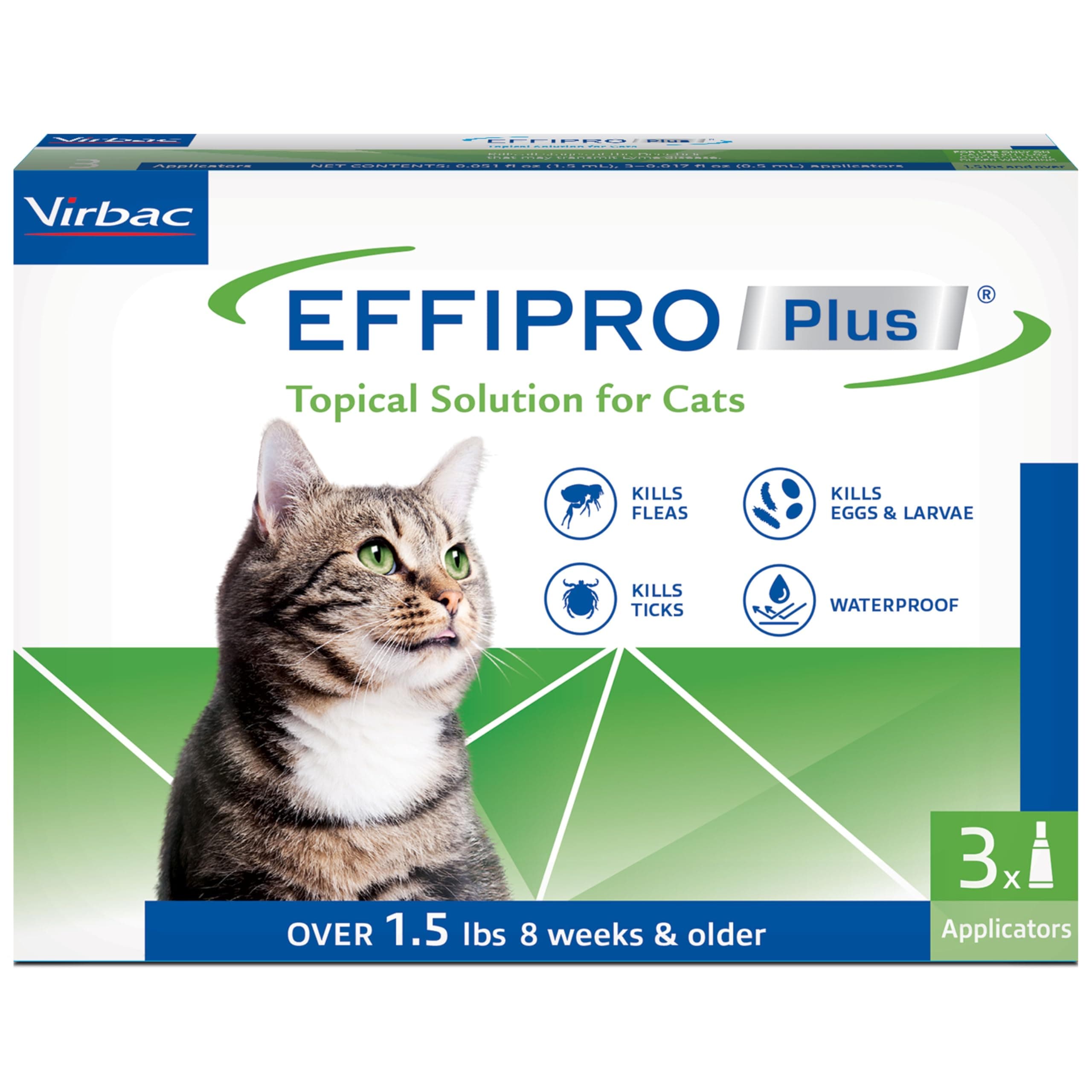 EFFIPRO Plus Topical Solution for Cats Over 1.5 lbs, 3 Month Supply, Non-Perishable