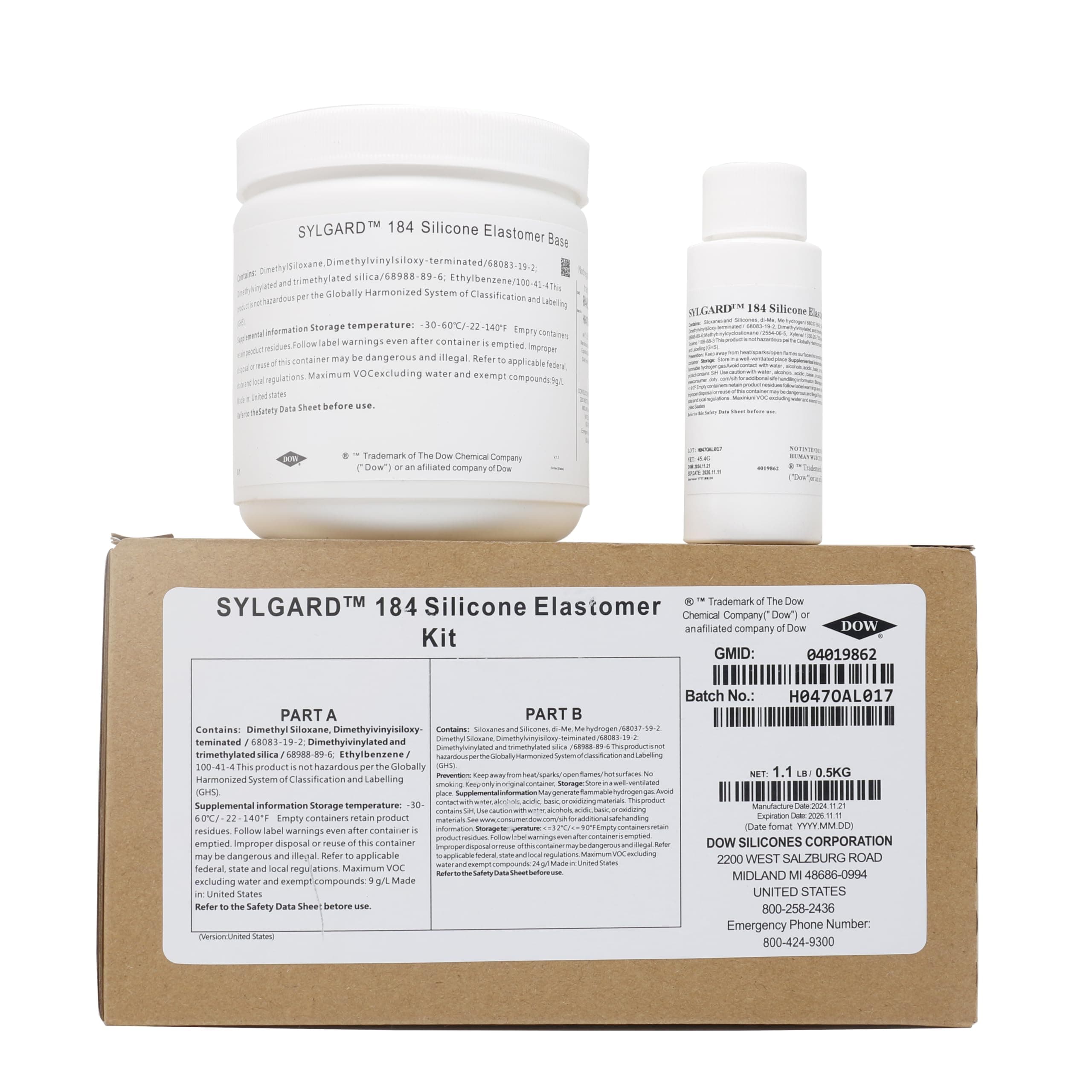 Dowsil SYLGARD 184 (Form Dow Corning) Silicone Elastomer Kit Base A + Curing Agent Solidifier B for Electrical Component Battery Board Assembly Room Temperature RT Heat Cure(1.1 lb = A 450g + B 45g)
