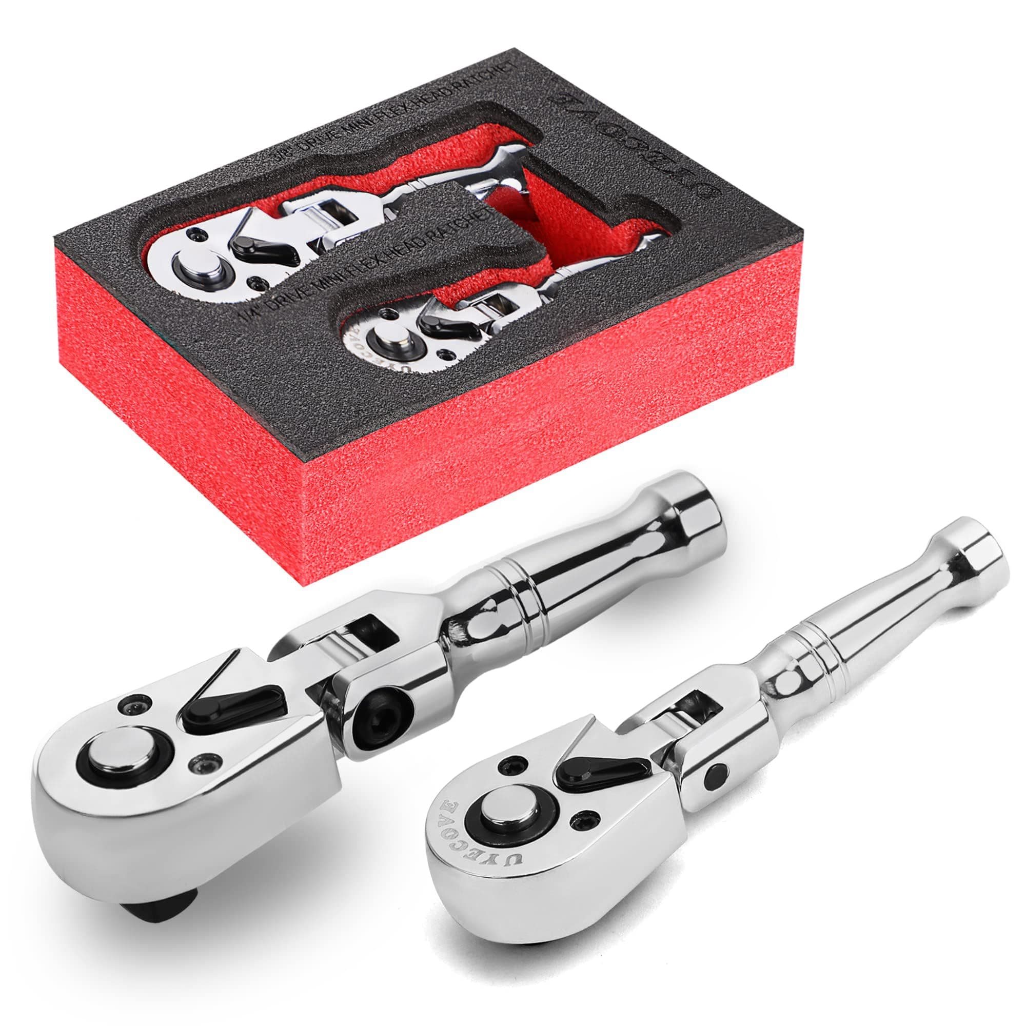 1/4 3/8 Inch Drive Stubby Ratchet Set, Flex Head Ratchet Set Stubby Ratchet Wrench Set, 72 Tooth Quick Release Swivel Head Ratchet Flexible Socket Wrench with Storage Tray-4"&4.9"