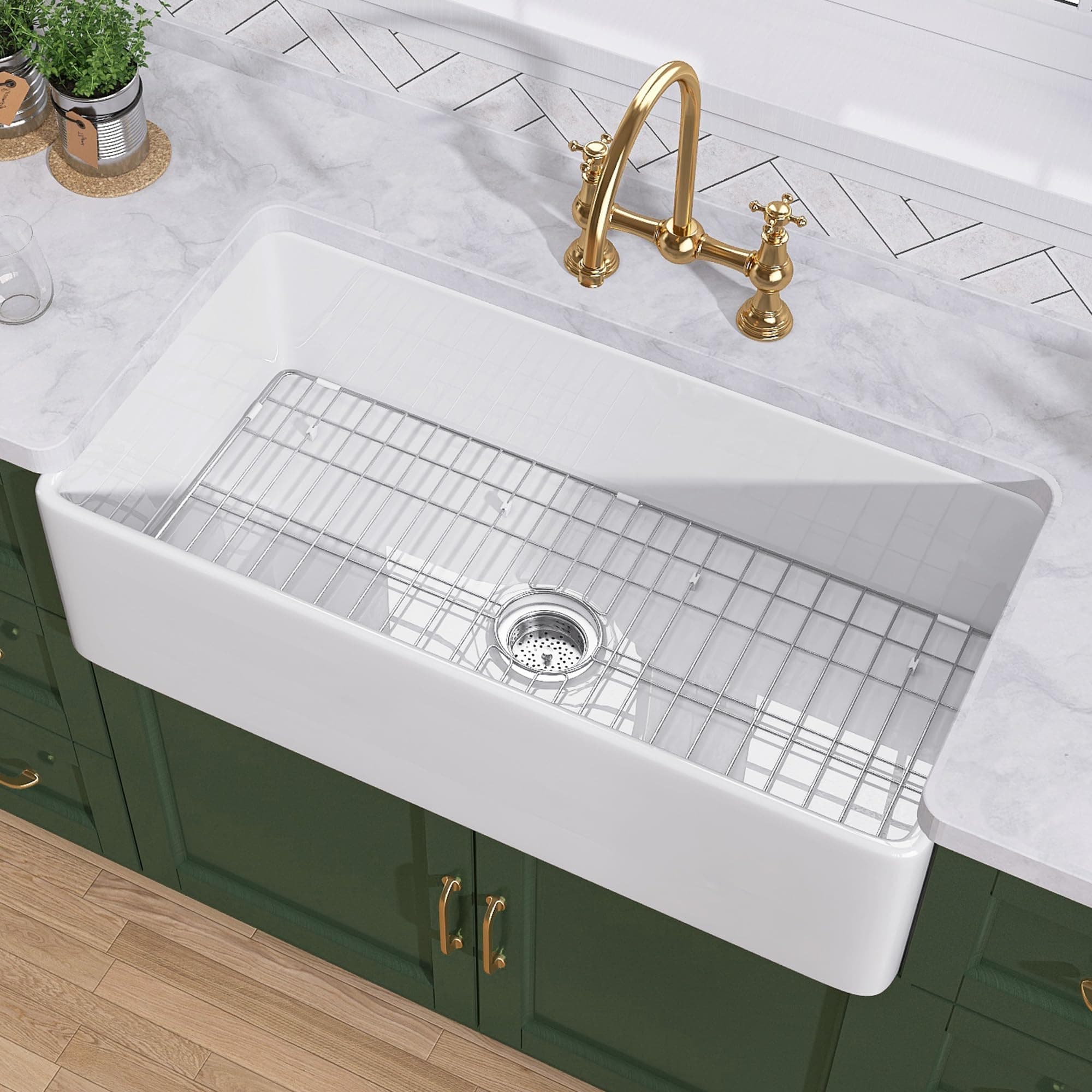 White Farmhouse Sink 33 inch Fireclay Apron Front Farm House Kitchen Sink Single Bowl Deep Drop In Undermount Reversible Heavy Duty Easy to Clean Porcelain Kitchen Basin Modern Luxury Accessory