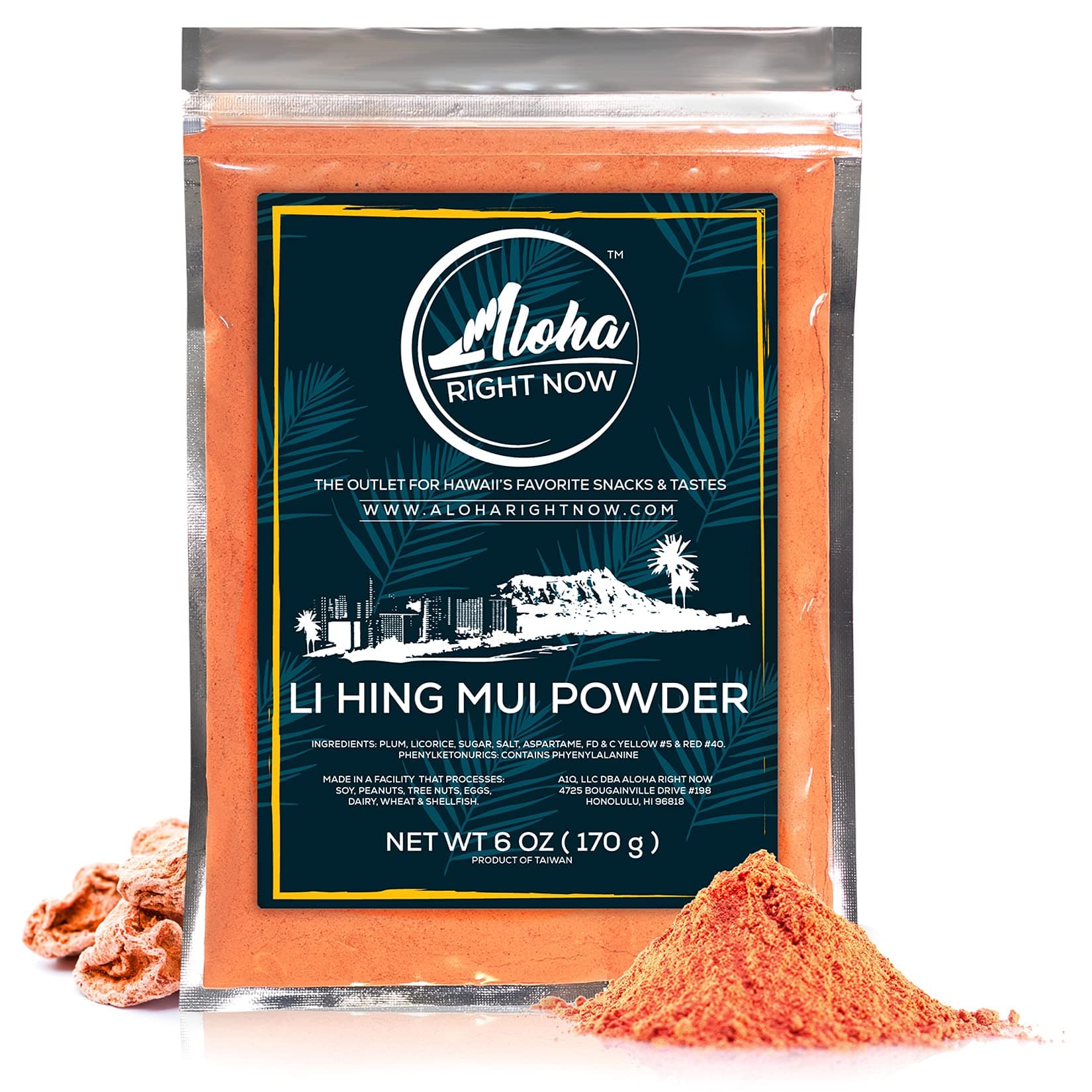 Aloha Right Now Authentic Li Hing Mui Powder 6 oz - for flavoring fruits, candy, & cocktail drinks - Sweet, Sour & Salted Dried Plum Powder - Asian Hawaiian Snacks - Hawaii's Crack Seed & Powder Candy