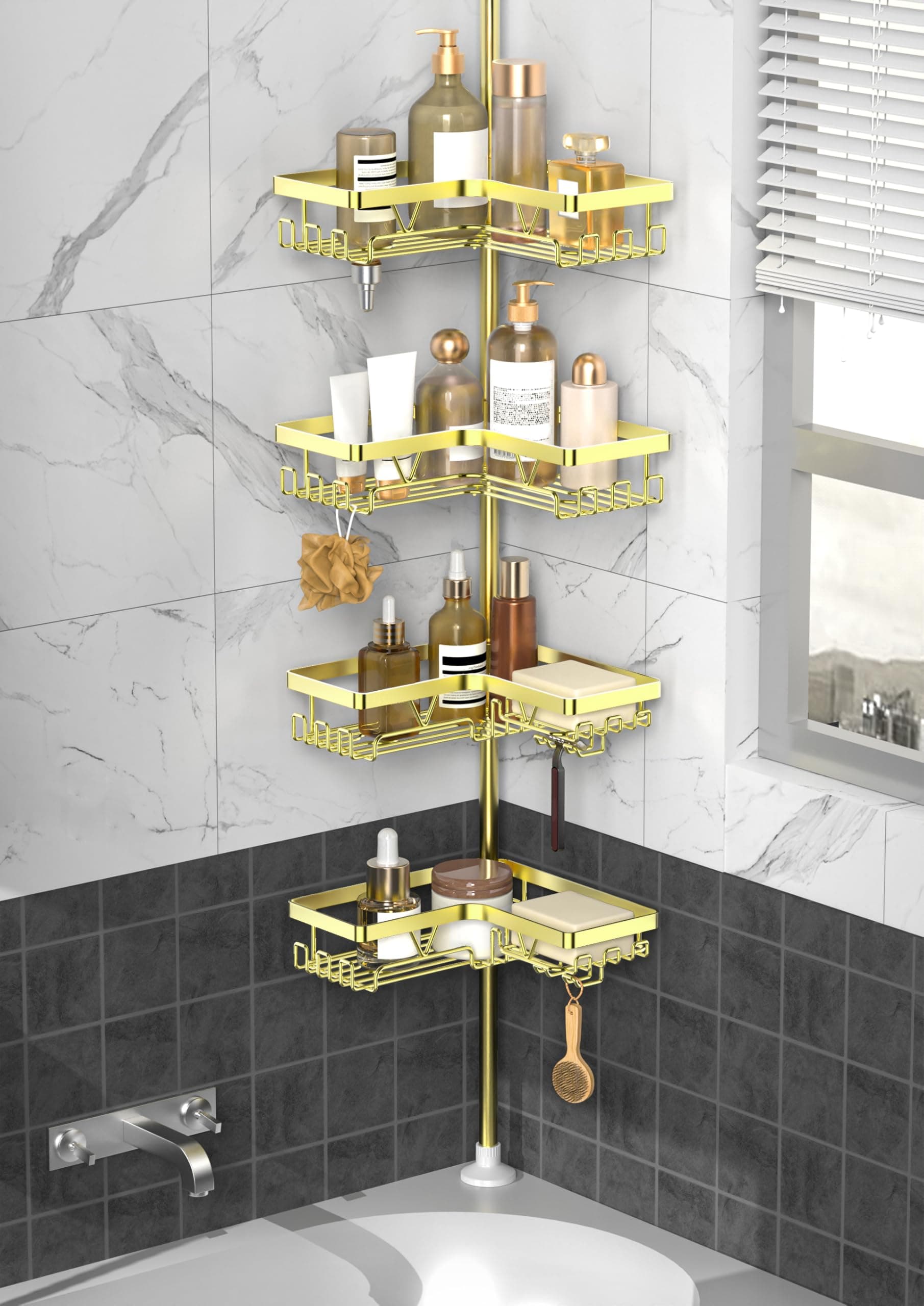 Corner Gold Shower Caddy Tension Pole - 4-Tier Rustproof Shower Rod Organizer, Floor to Ceiling Tension Rod 25-114.2 inch, Stainless Steel Corner Shower Shelf, Waterproof