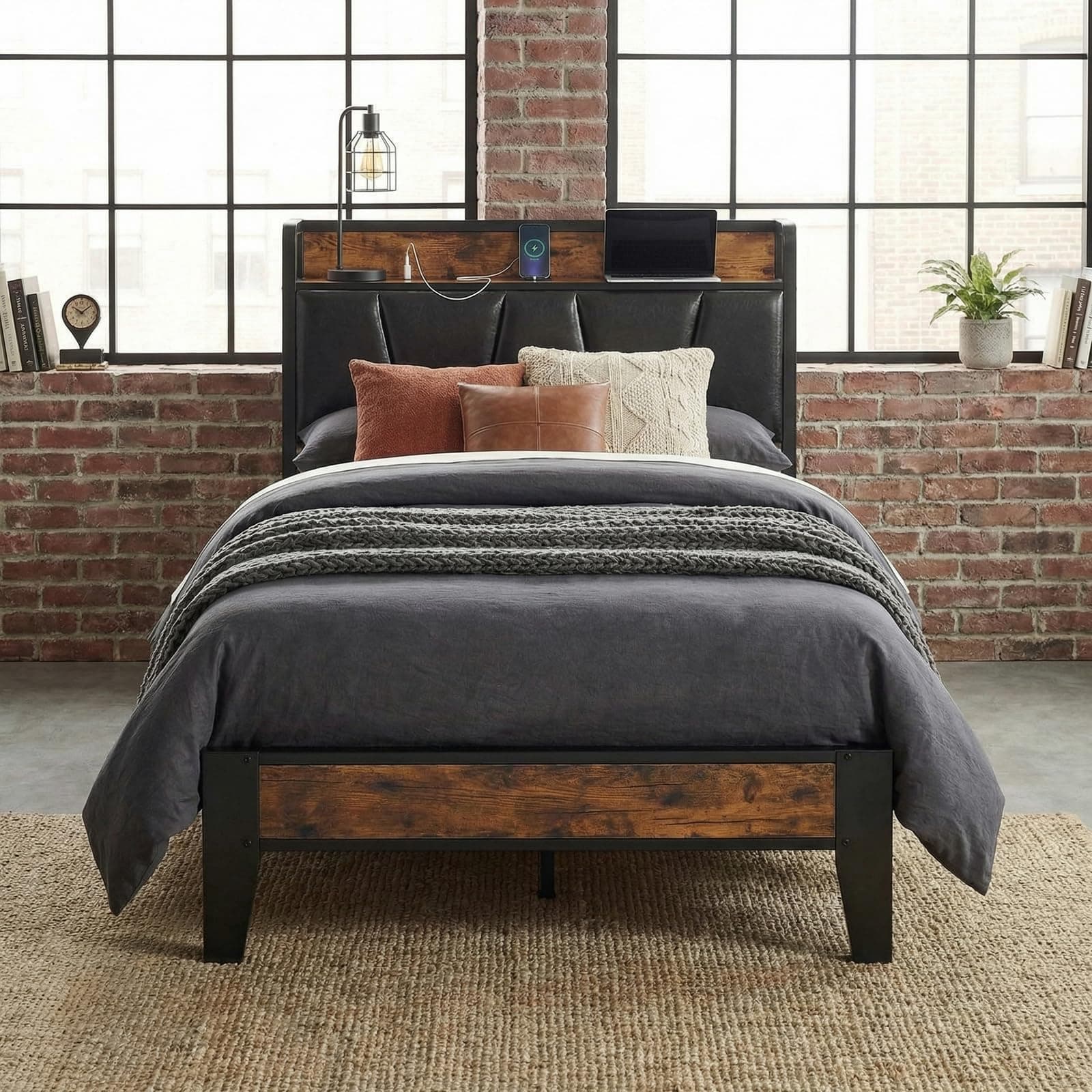 LIKIMIO Double Bed Frame Storage Headboard with Charging Base Solid and Stable Noise Free No Box Spring Required Easy Assembly (Vintage and Black)