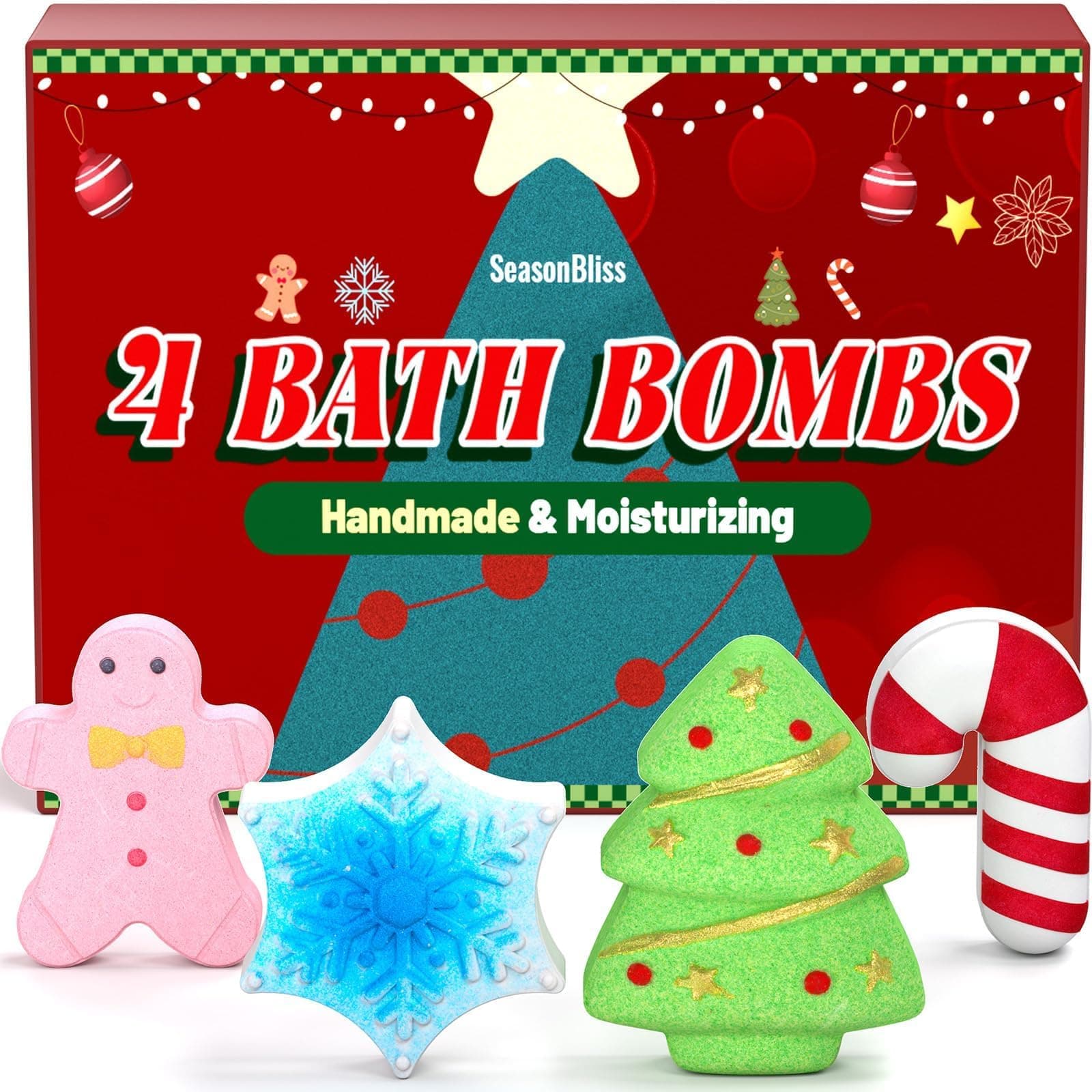 Christmas Bath Bombs Set, Shower Bombs, Stocking Stuffer, 4 PCS Handmade Bubble Bath with Gingerbread & Christmas Tree & Candy Cane & Snowflake, for Present Cute Women Boys & Girls