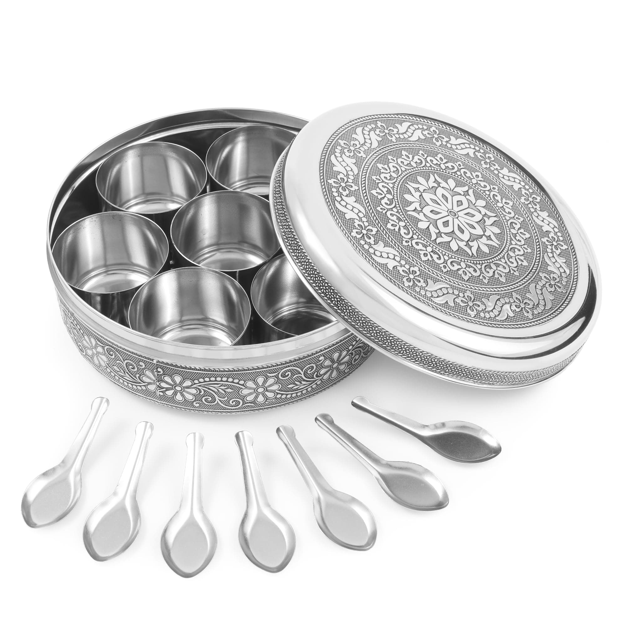 KSJONE Designer Spice Container Masala Dabba With 7 Compartments, Masala Box, Spice Container Box, Stainless Steel Spice Box Indian Masala Dabba with Lid, 8 Inch