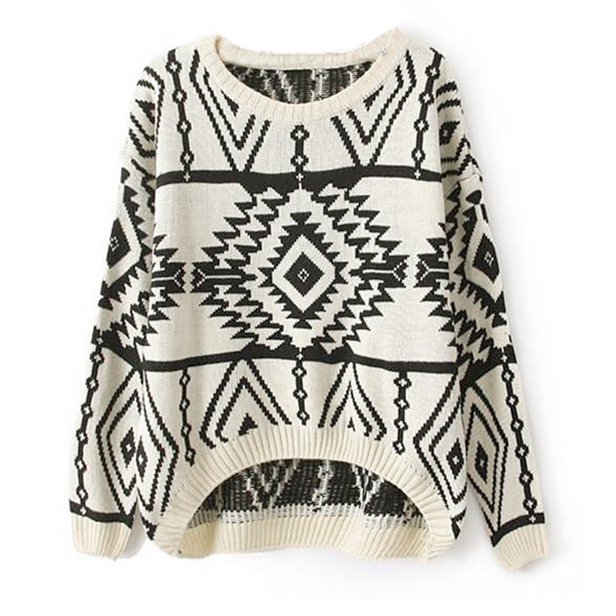 White Long Sleeve Geometric Pullovers Sweater for Women
