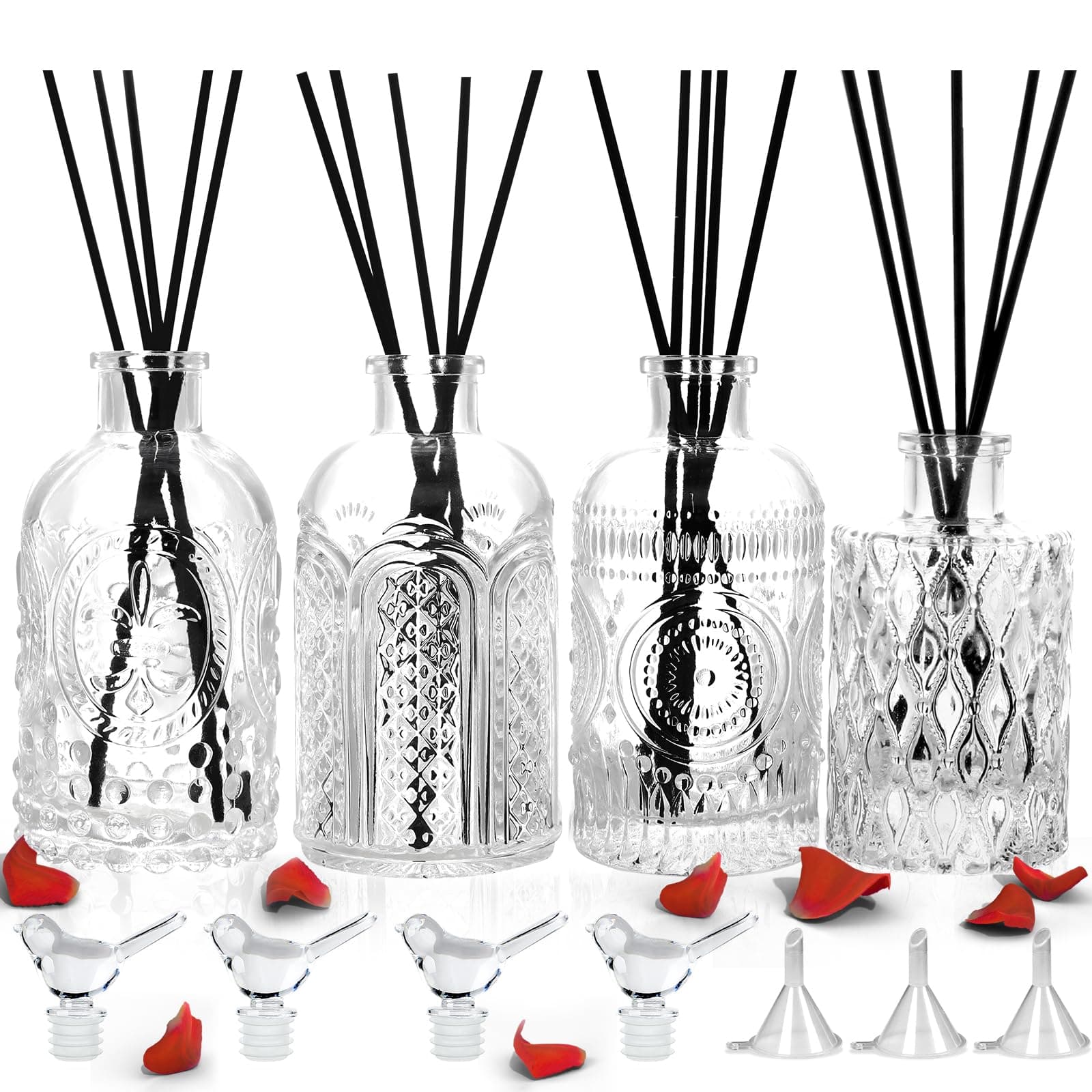 Diffuser Glass Bottles Decorative Bottles Vases Set of 4 Empty Clear DIY Fragrance Reed Diffuser Storage Bottle with Reeds Sticks for Home Office Desk Decoration Wedding Valentine Girl Women