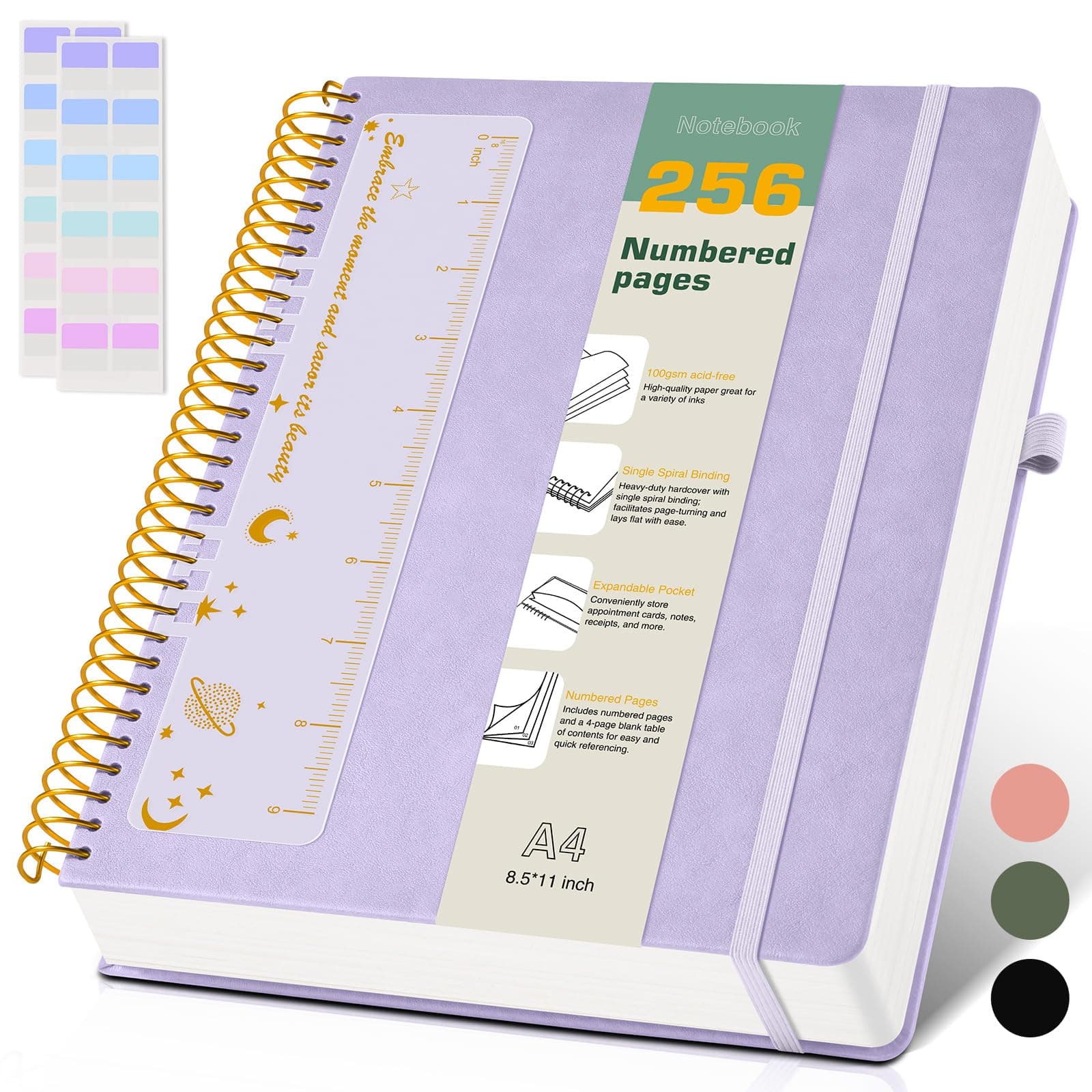 A4 Spiral Notebook Journal 8.5” x 11”, 256 Numbered Pages Hardcover Leather Journals for Women Men, Large Lined College Ruled Notebooks, 100GSM Thick Paper, Spiral Bound Journal for Work School, Purple