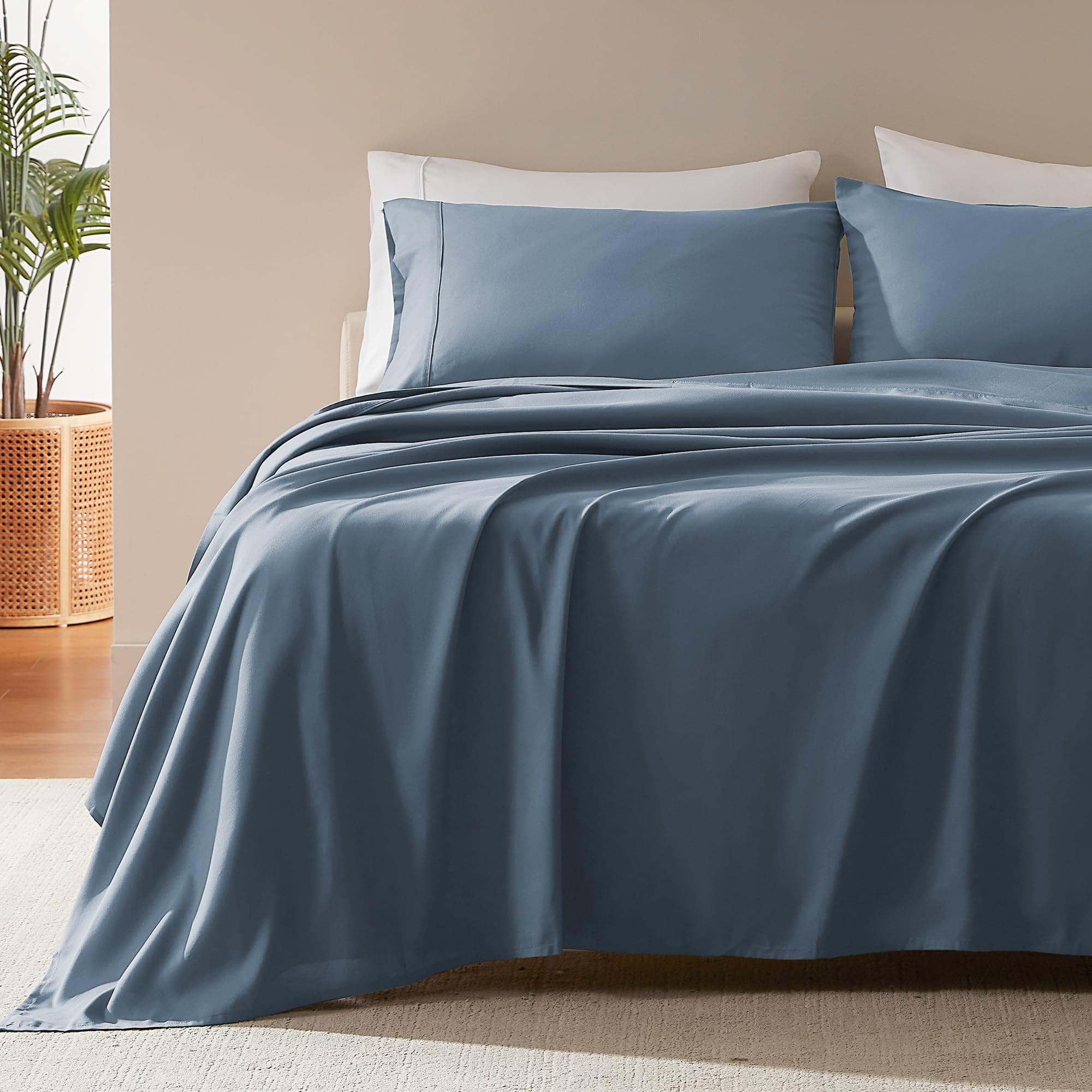 SLEEP ZONE Nanotex Super Soft Cooling Twin Bed Sheets Set for Kids 3 Piece - Easy Care Fitted Flat Sheet & Pillowcase Sets - Wrinkle Free, Fade Resistant, Deep Pocket 16" (Flint Blue, Twin)