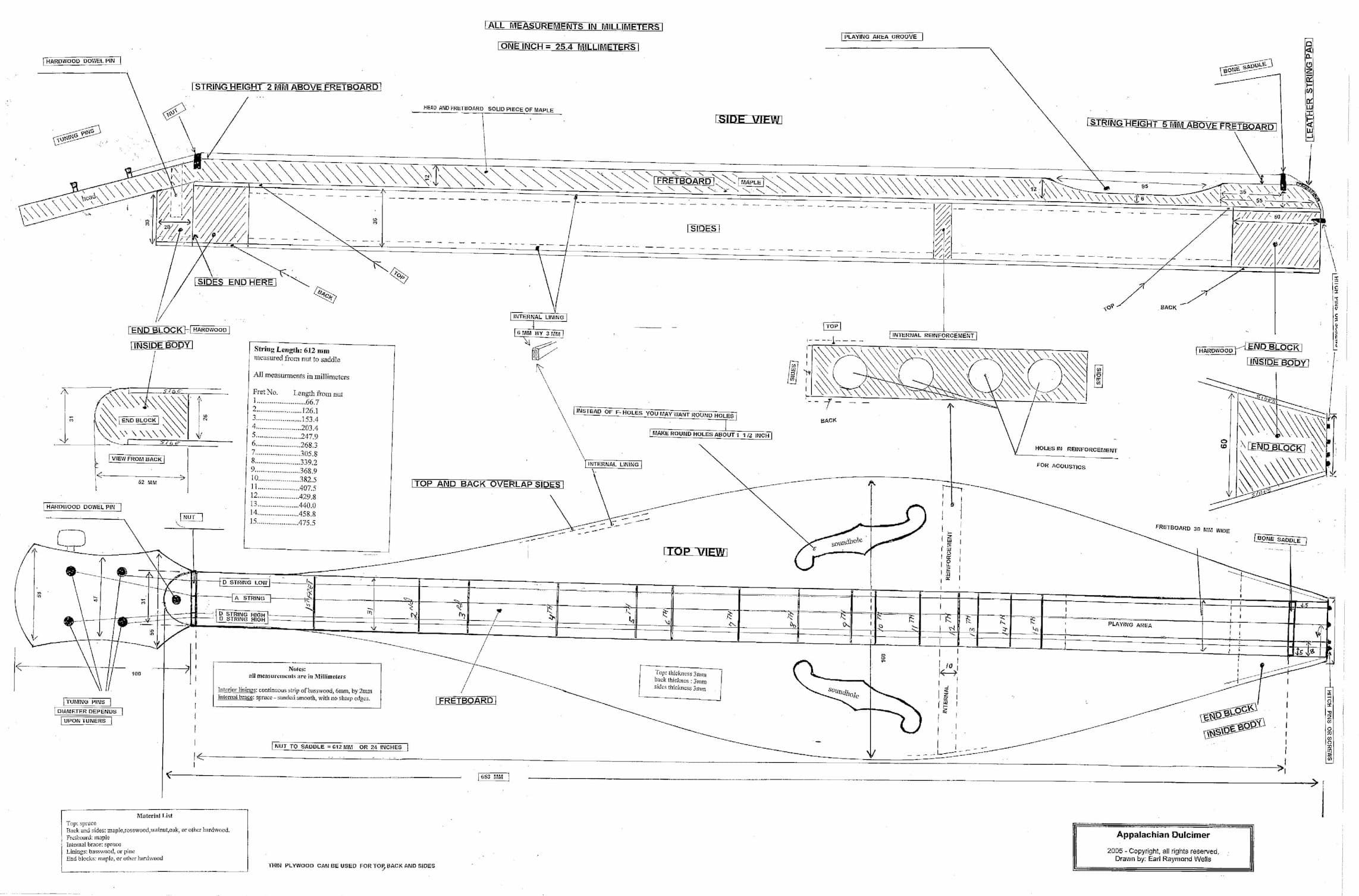 Appalachian Dulcimer (Tear Drop Shaped) Plans (Design) - Full Scale Drawings